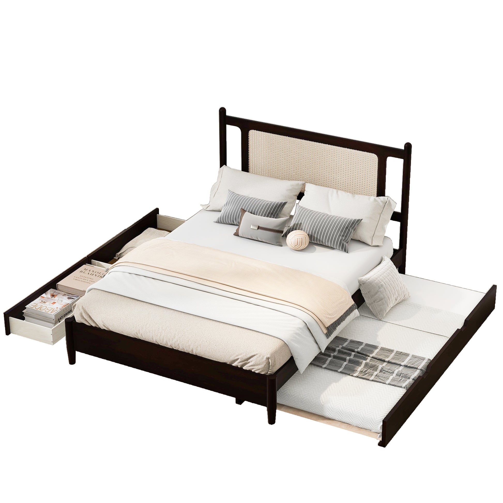 Queen Size Wooden Rattan Platform Bed, With 2 Big Drawers, T Size Trundle, Espresso Queen Espresso Plywood
