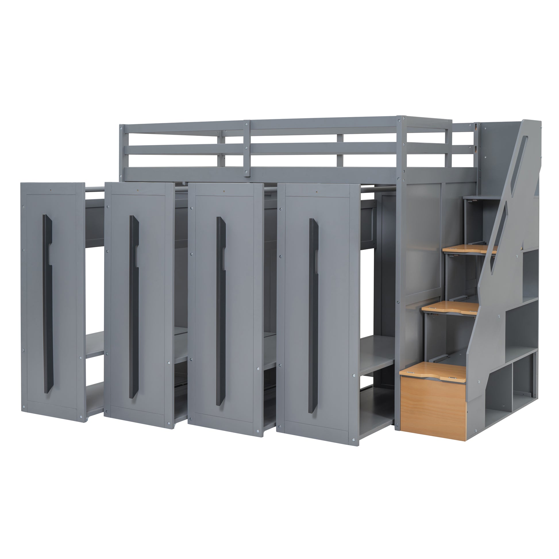 Modern Loft Bed With Two Tone Storage Stairs And Pull Out Wardrobes, Gray Twin Gray Solid Wood Mdf