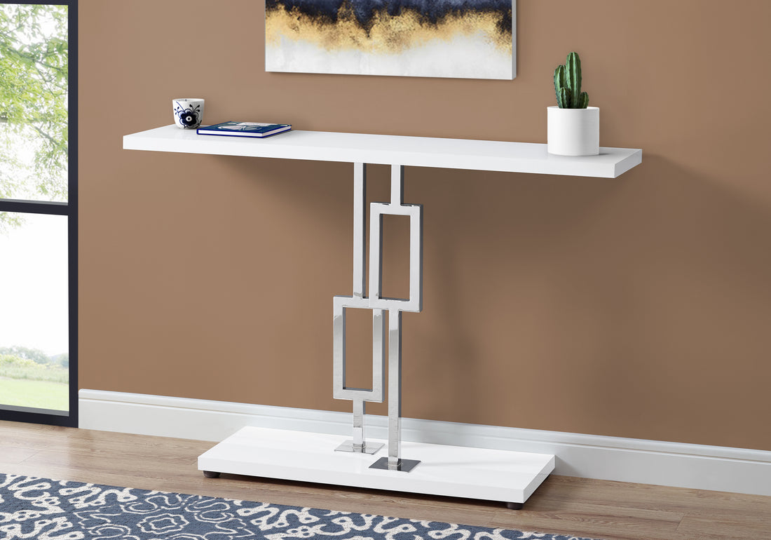 Accent Table, Console, Entryway, Narrow, Sofa, Living Room, Bedroom, Glossy White Laminate, Chrome Metal, Contemporary, Modern White Particle Board