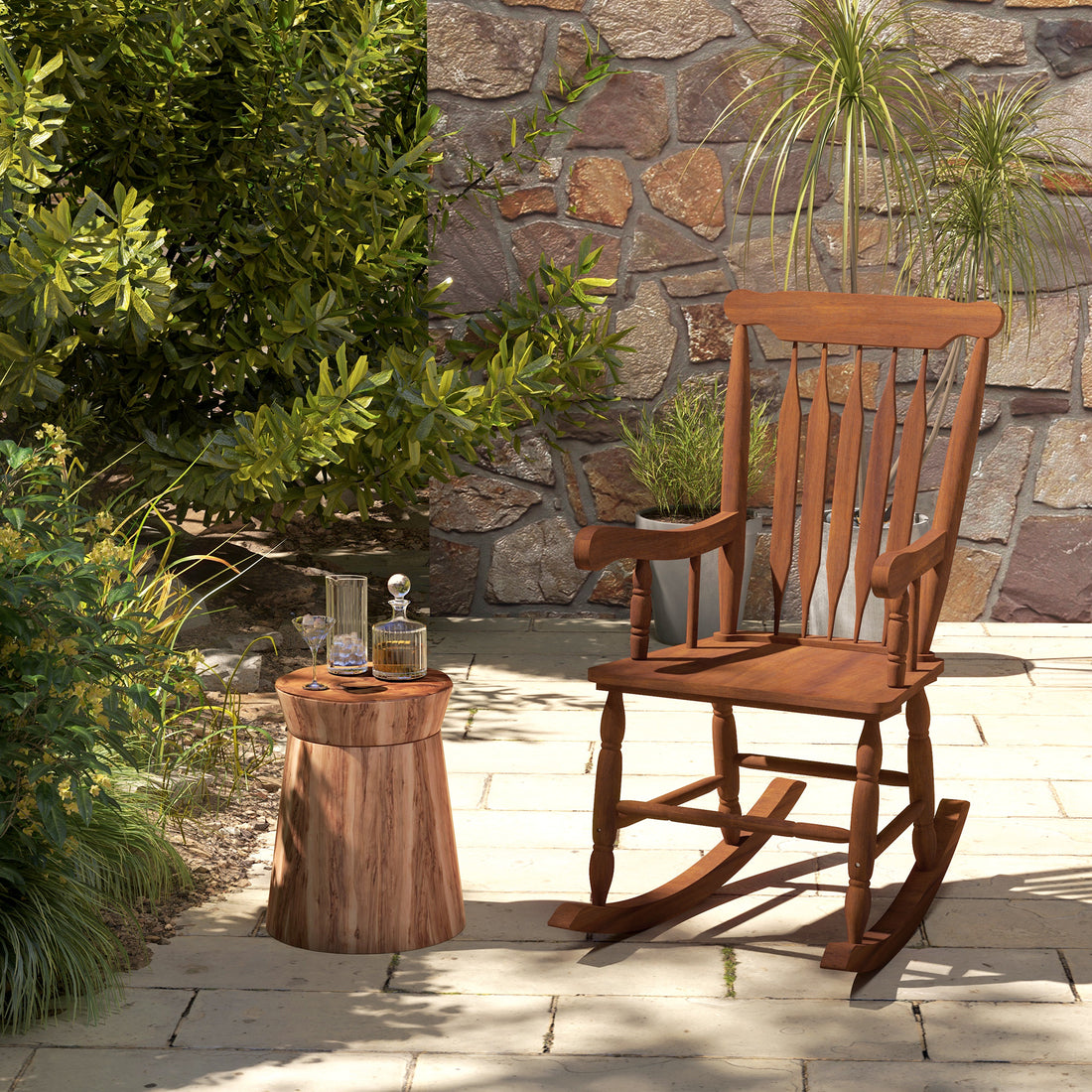 Outsunny Outdoor Wood Rocking Chair, 350 Lbs. Porch Rocker With High Back For Garden, Patio, Balcony, Teak Natural Wood