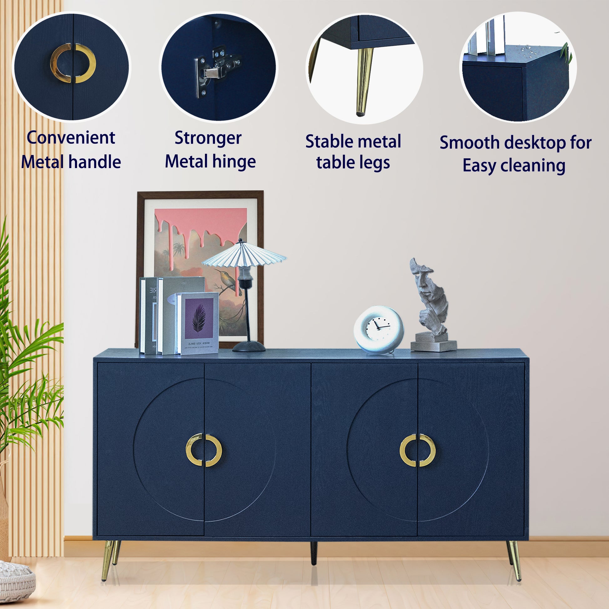 Modern Lacquered 4 Door Wooden Cabinet Sideboard Buffet Server Cabinet Storage Cabinet, For Living Room, Entryway, Hallway, Office, Kitchen And Dining Room, Navy Blue Lacquered Navy Blue Adjustable Shelves Engineered Wood