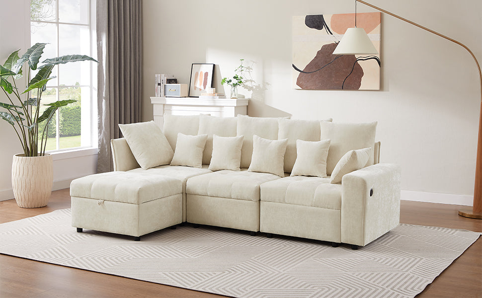 96.45"Sectional Sofa Modular Sofa Couch With Three Usb Ports, A Removable Storage Ottoman And Five Back Pillows For Living Room, Beige Beige Foam Chenille 4 Seat