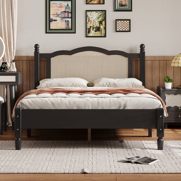 Full Size Wooden Platform Bed With Natural Rattan Headboard, Vintage Bed Frame With Wooden Slat Support, Black Box Spring Not Required Full Black Wood