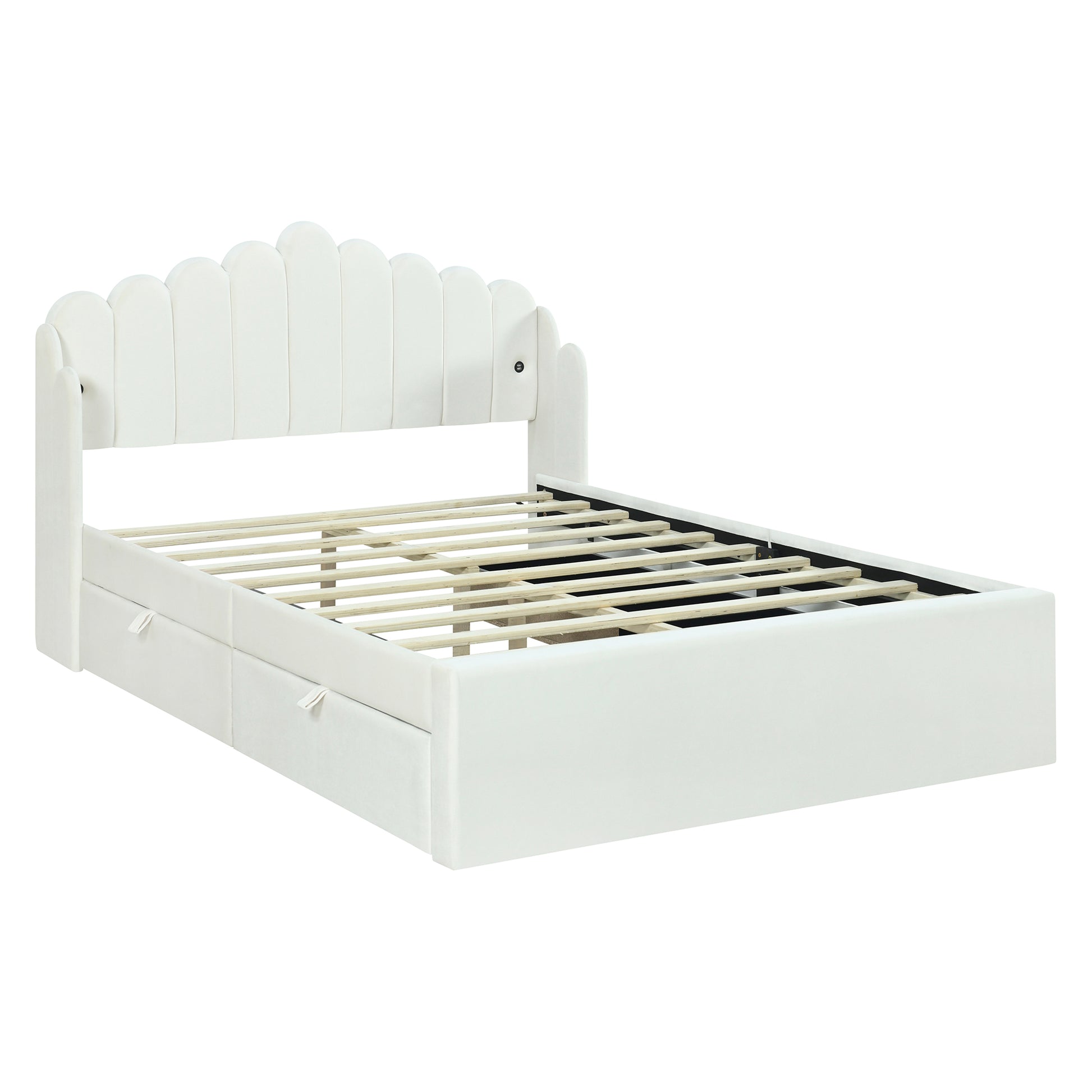 Full Size Upholstered Platform Bed With 4 Drawers And 2 Usb, Beige Box Spring Not Required Full Beige Wood Bedroom Bed Frame Polyester Upholstered