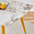 Modern Minimalist Dining Table. White Imitation Marble Pattern Sintered Stone Desktop With Golden Metal Legs.62.2