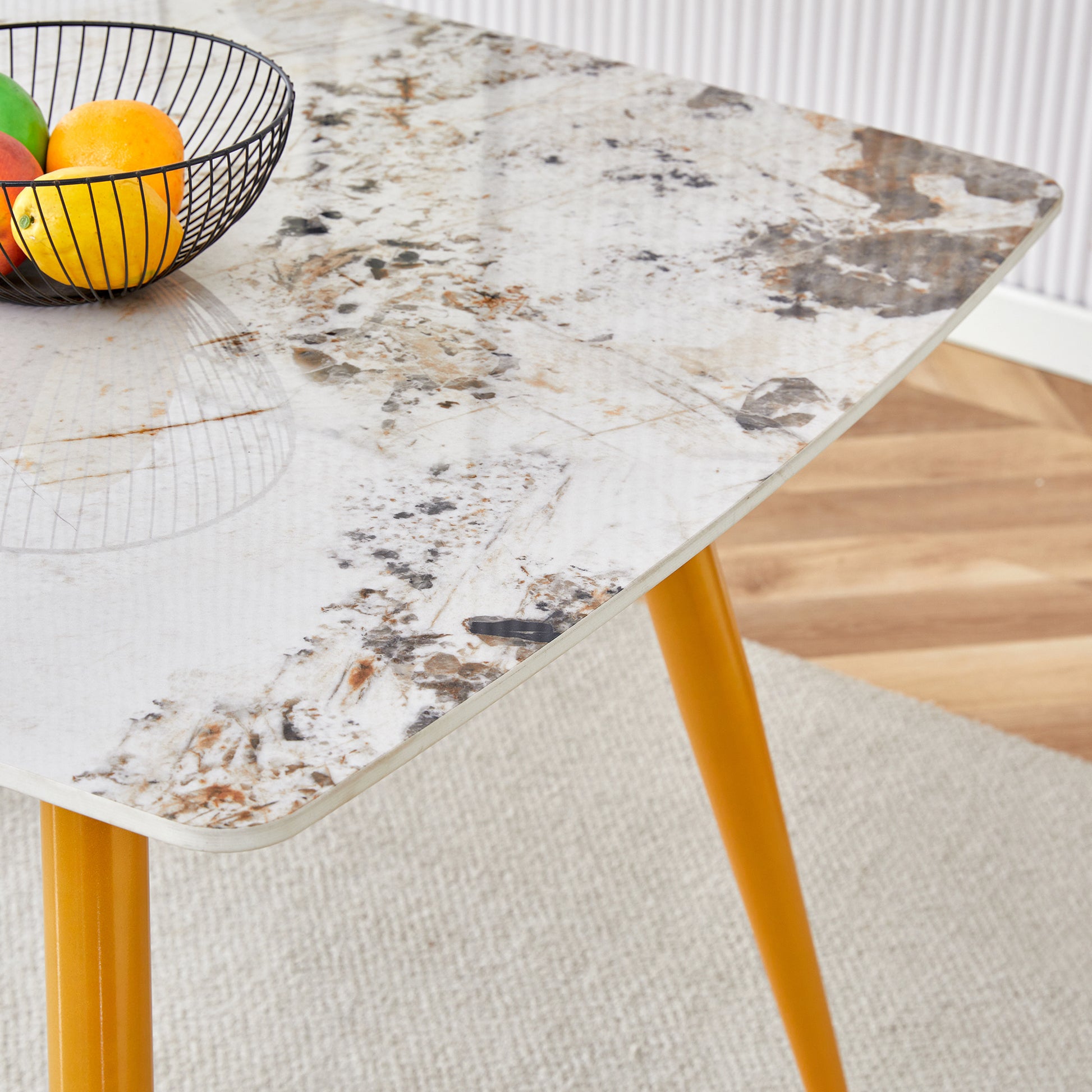 Modern Minimalist Dining Table. White Imitation Marble Pattern Sintered Stone Desktop With Golden Metal Legs.62.2"*34.6"*30" F 001 Gold Sintered Stone