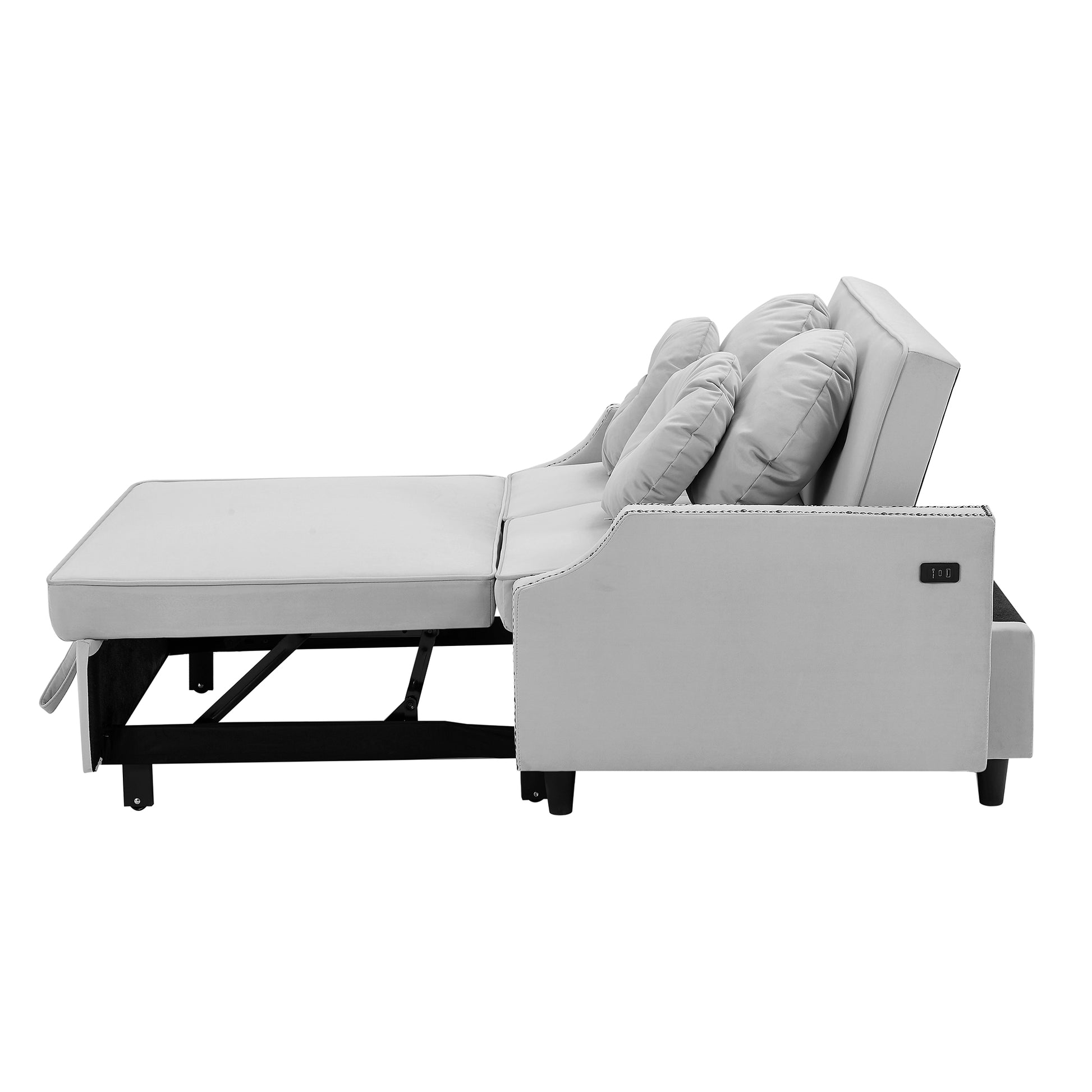 54.7" Multiple Adjustable Positions Sofa Bed Stylish Sofa Bed With A Button Tufted Backrest, Two Usb Ports And Four Floral Lumbar Pillows For Living Room, Bedroom,Or Small Space, Light Grey Light Grey Foam Polyester 2 Seat