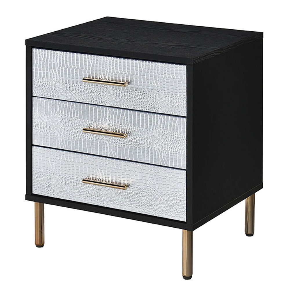 Black, Silver And Gold 3 Drawer Nightstand With Metal Leg White Black 3 Drawers Bedroom Rectangle Glam Drawers Wood Metal