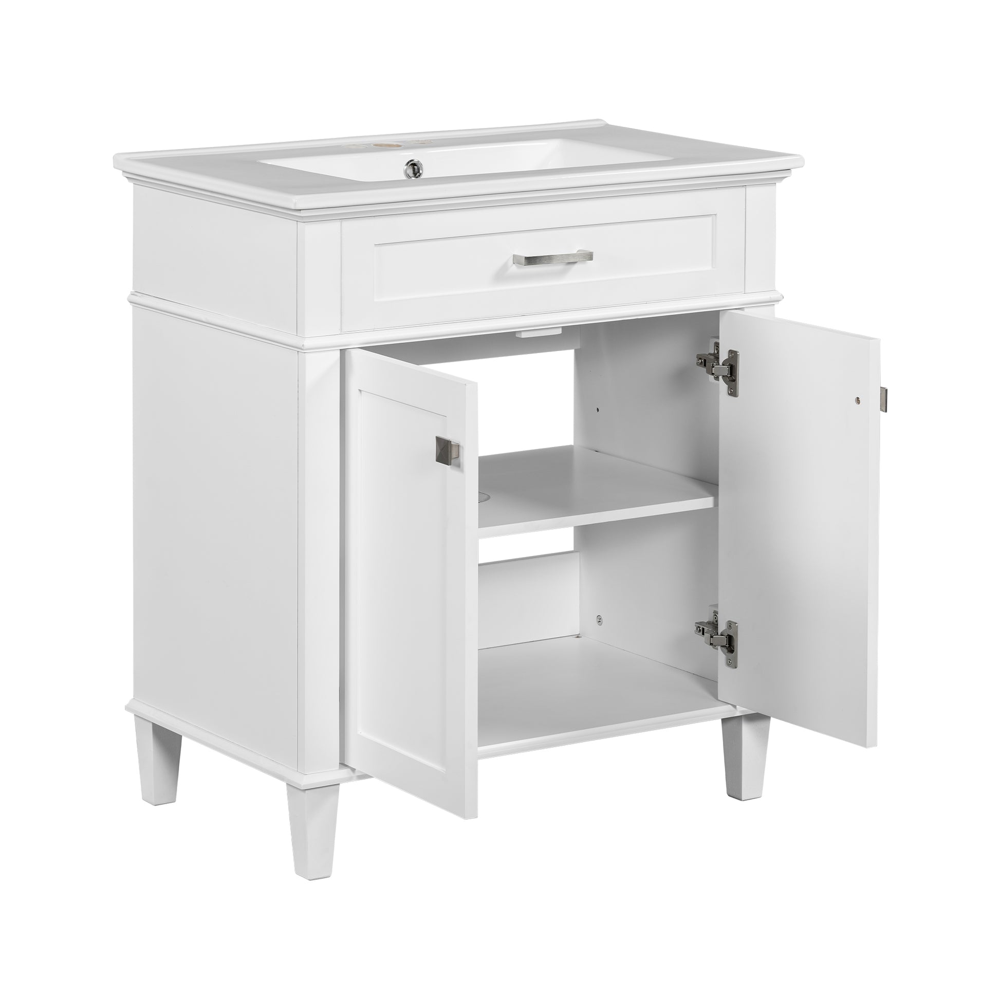 30 Inch Bathroom Vanity With Ceramic Basin, Soft Close Door And Adjustable Shelves White Bathroom Solid Wood Mdf