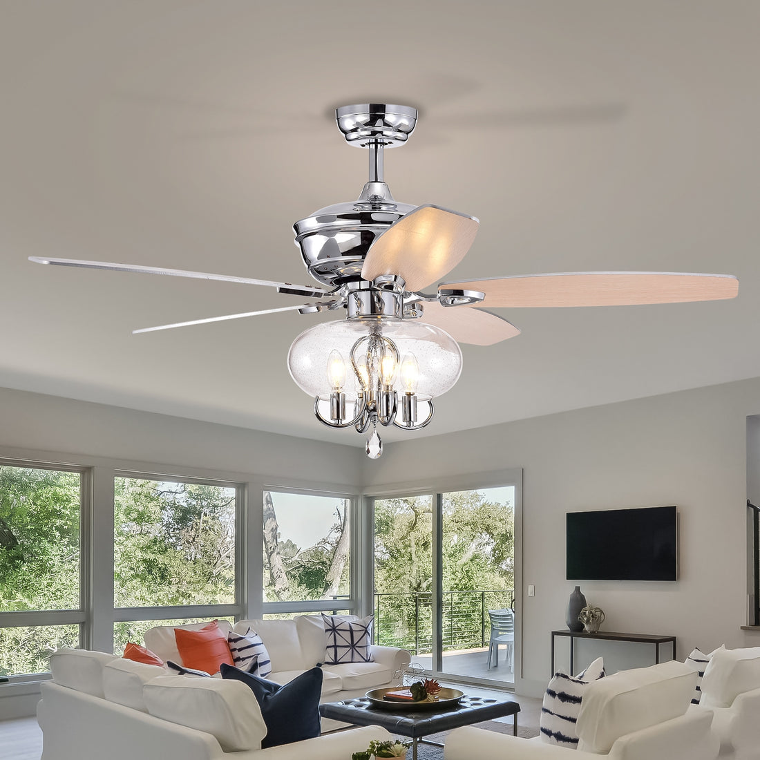 52" Crystal Chandelier Fan With Remote, Classic, Glam, Traditional, Transitional For Home, Kitchen, Dining Room, Guest Room, Living Room, Chrome Chrome American Design,American Traditional,Contemporary,Industrial,Luxury Metal & Wood Glass Metal