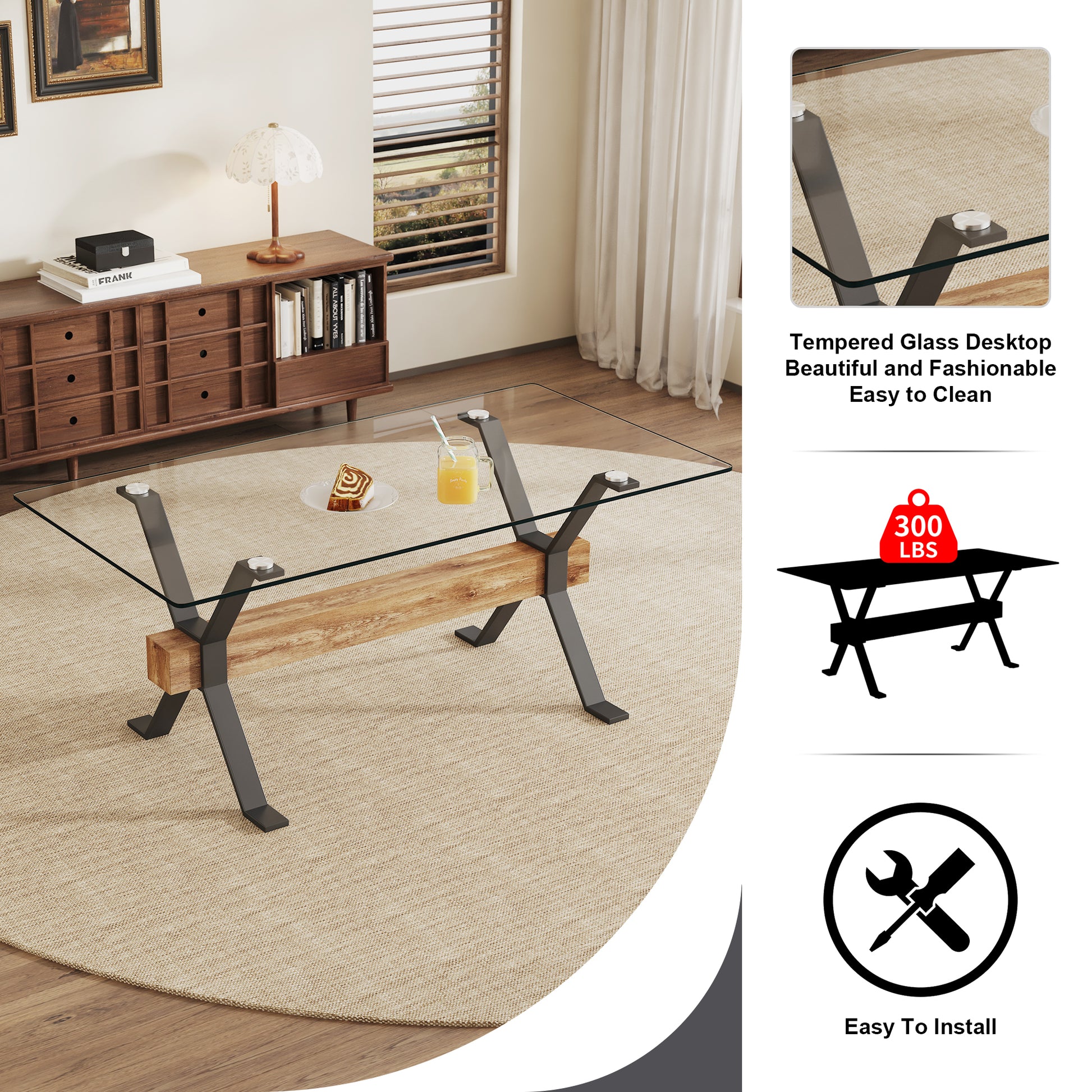 Dining Table. Modern Tempered Glass Dining Table. Large Modern Office Desk With Black Metal Legs And Mdf Crossbars, Suitable For Home And Office Use. 4 High End Cushioned Seats.F1105 B0501A Transparent Mdf Glass