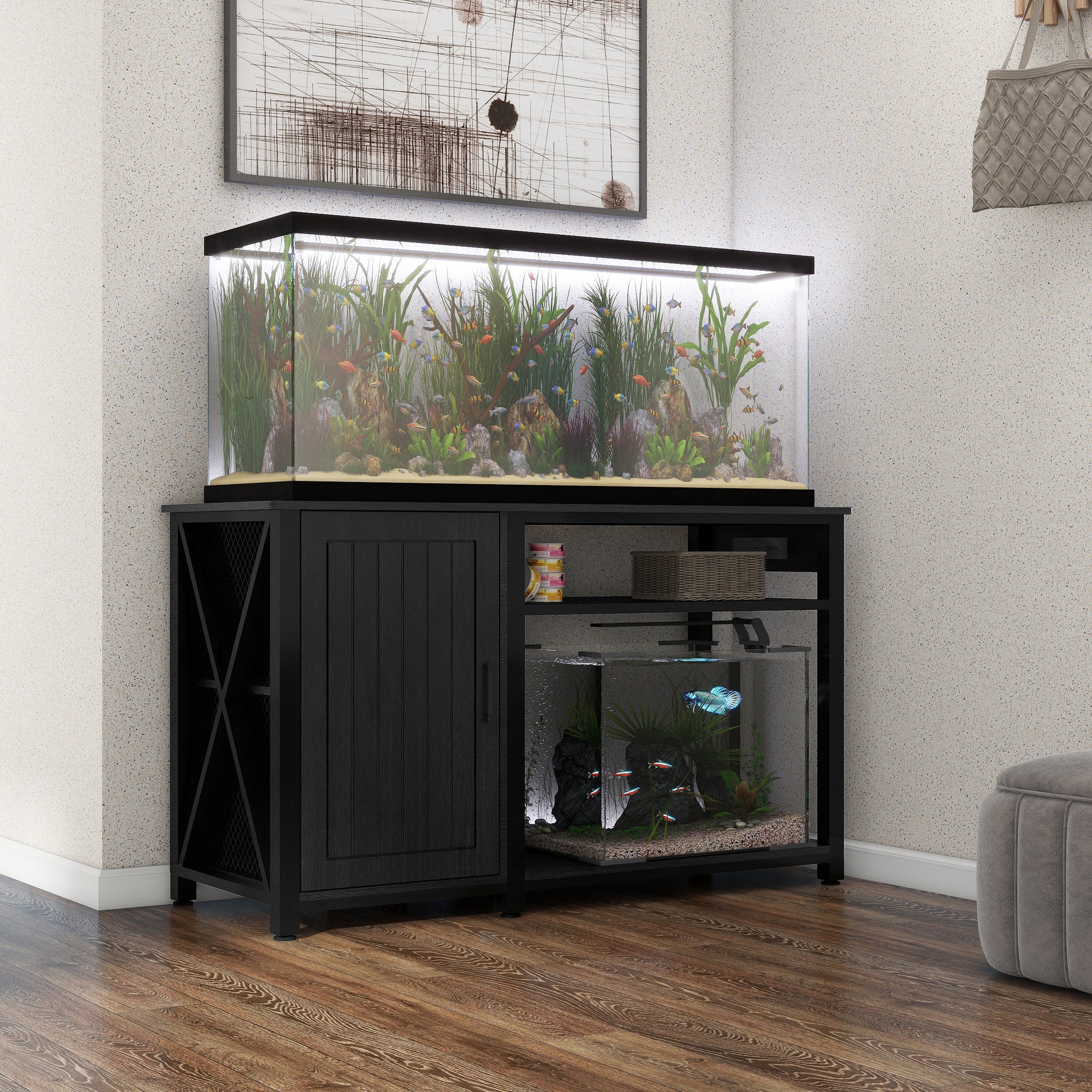 Heavy Duty 55 75 Gallon Aquarium Stand With Power Outlets, Cabinet For Fish Tank Accessories Storage Metal Fish Tank Stand Suitable For Fish Tank, Turtle Tank, 880Lbs Capacity, Black 1 2 Shelves Black Adjustable Shelves Particle Board