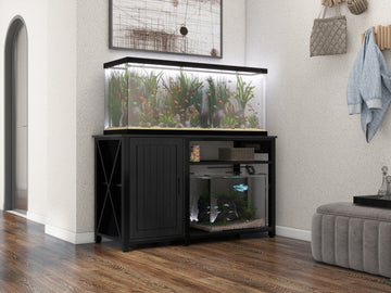 Heavy Duty 55 75 Gallon Aquarium Stand With Power Outlets, Cabinet For Fish Tank Accessories Storage Metal Fish Tank Stand Suitable For Fish Tank, Turtle Tank, 880Lbs Capacity, Black 1 2 Shelves Black Adjustable Shelves Particle Board