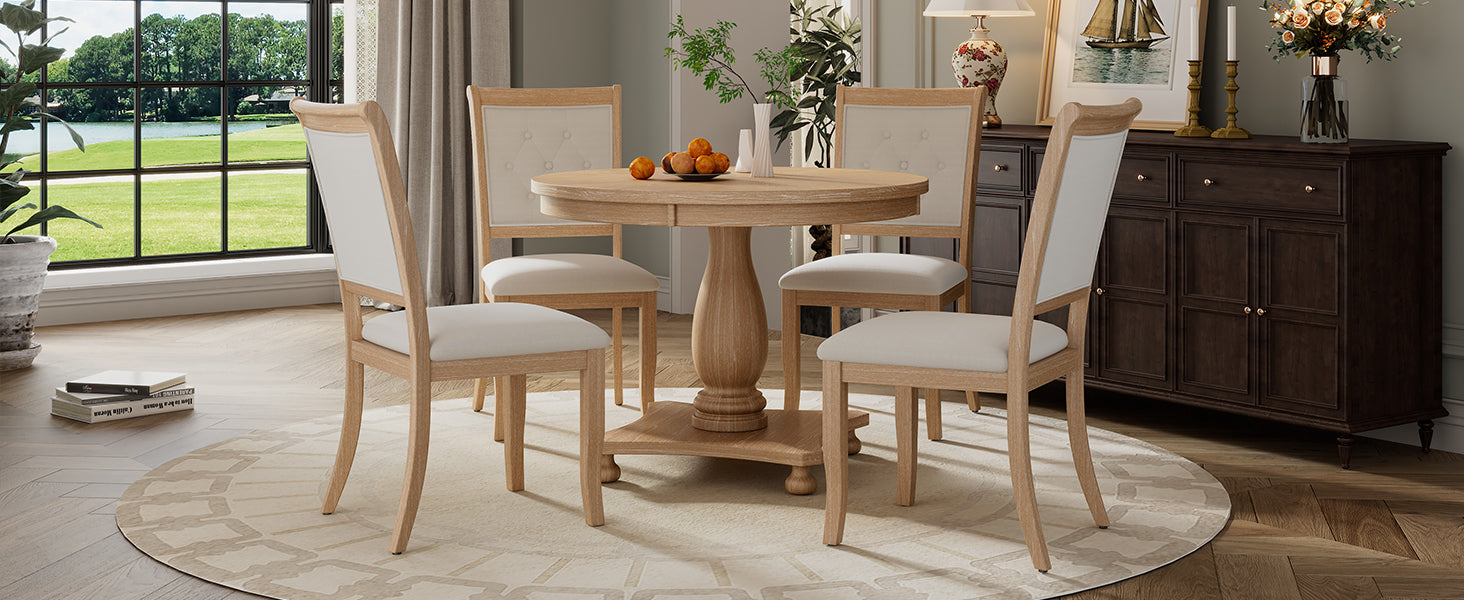 5 Piece Retro Dining Set, Round Table With Pedestal Table Base And 4 Upholstered Chairs For Dining Room And Kitchen Natural Wood Wash Natural Wood Wash Solid Wood Mdf