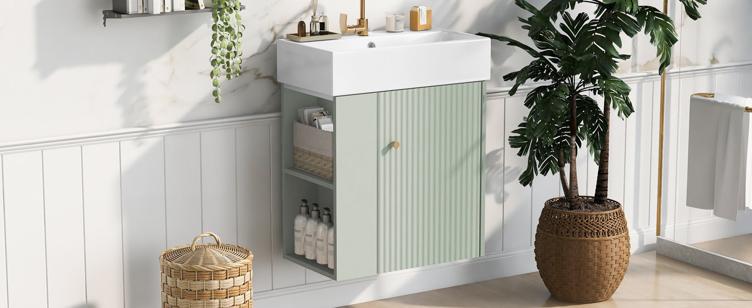 Video 21.6 Inch Modern Floating Bathroom Vanity With Ceramic Basin Perfect For Small Bathrooms, Left Side Storage Green Bathroom Ceramic Mdf