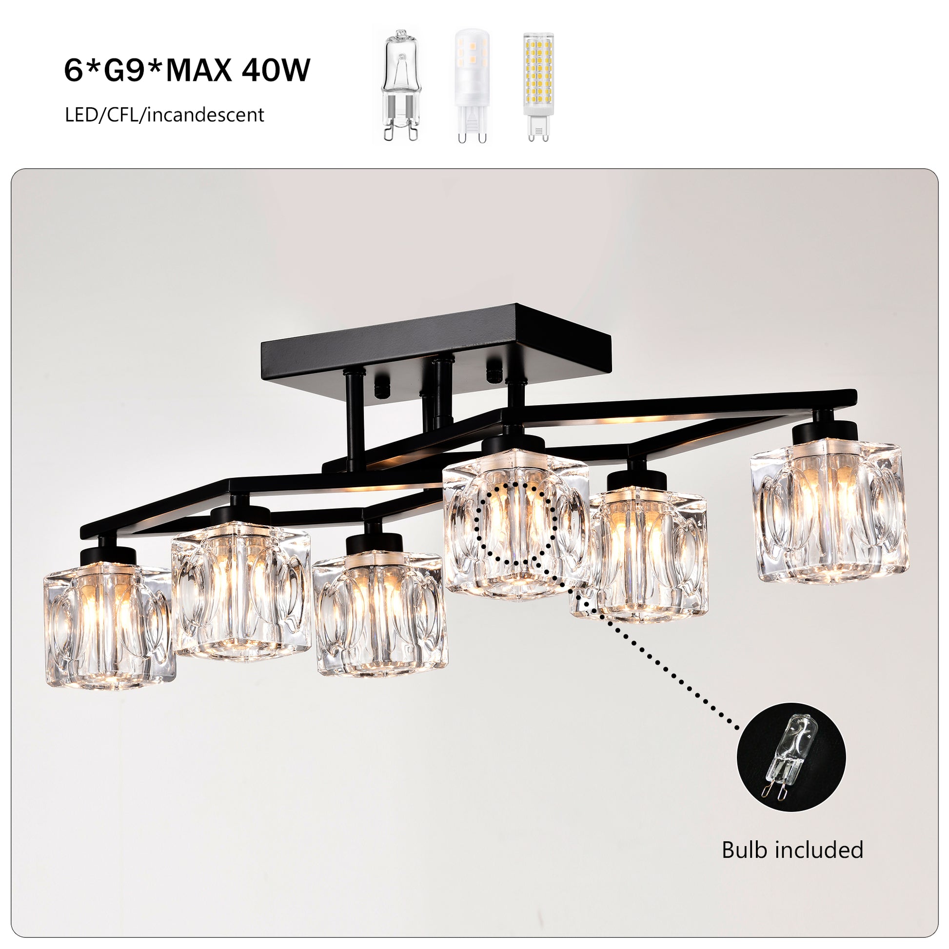 6 Light Crystal Ceiling Light For Dining Room, Modern Ceiling Lamp With Light Fixture For Farmhouse Entryway Living Room 6*G9 Bulbs Included Matte Black Ceiling Lights American