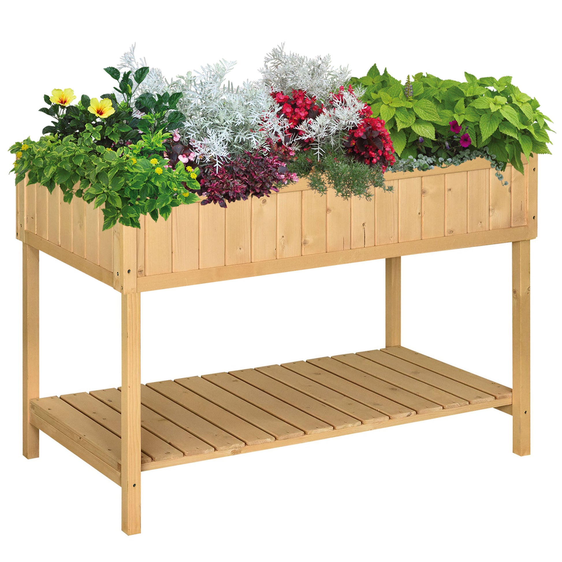 Outsunny 43X18X30In Raised Garden Bed With 8 Pockets And Shelf, Wooden Elevated Planter Box With Legs To Grow Herbs, Vegetables, And Flowers, Natural Natural Wood Wood