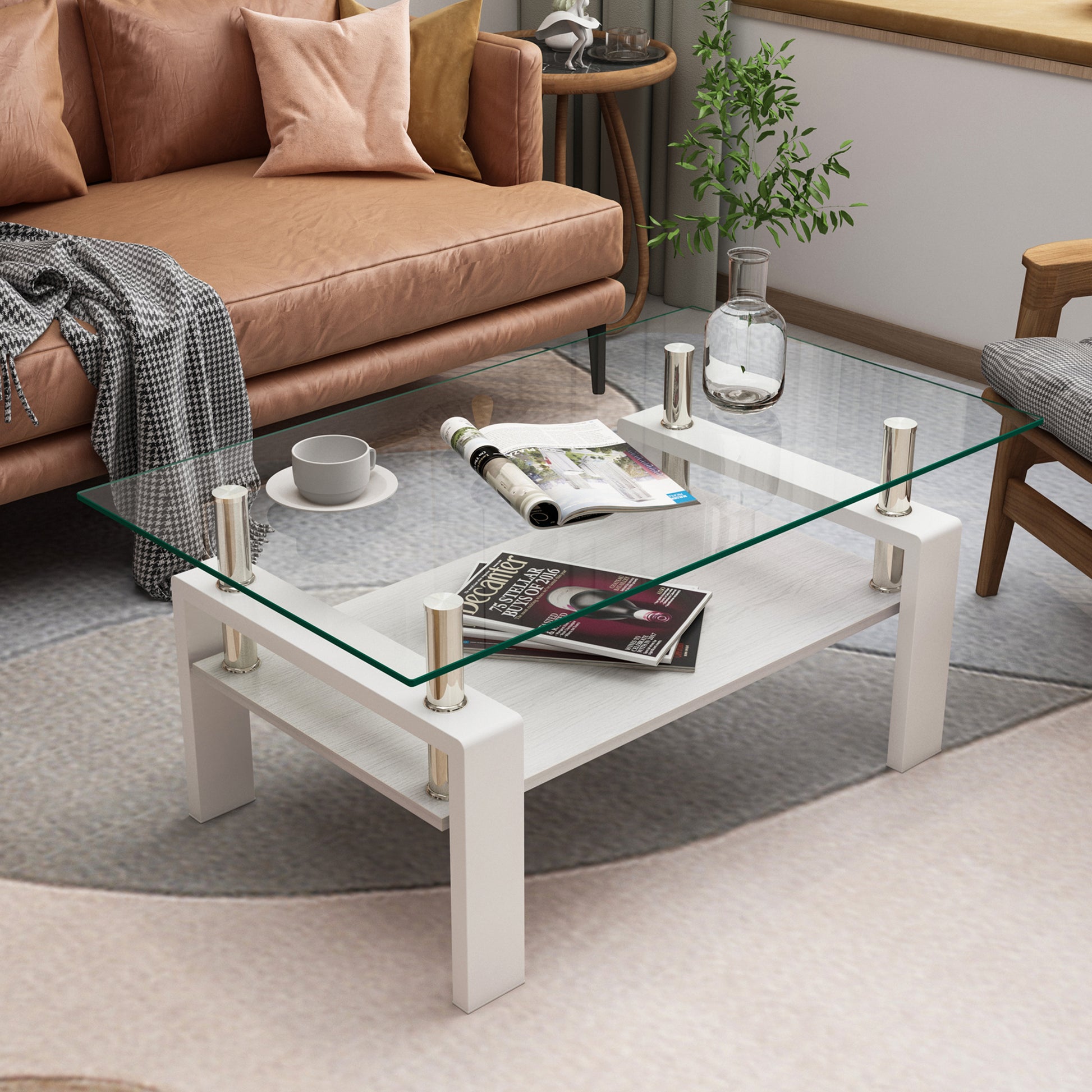 Rectangle Coffee Table, Tempered Glass Tabletop With Mdf Layer, Modern Table For Living Roomtransparent Glass Transparent Tempered Glass