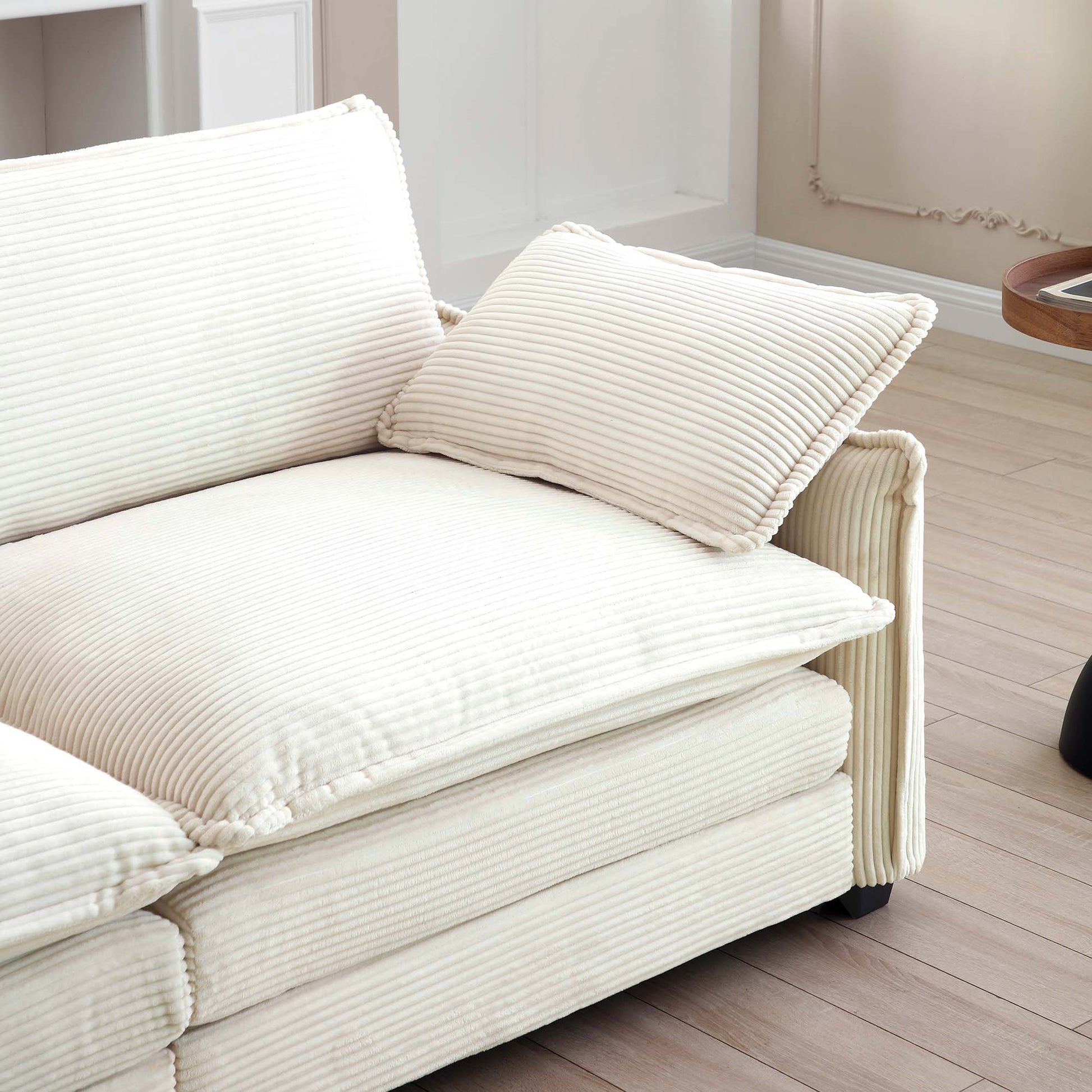 Corduroy Sofamodern Upholstered 4 Seater Corduroy Fabric Sofaoffice Living Room Apartment Comfortable Sofa, Easy To Assemble With 2 Arm Pillows And 4 Throw Pillows Beige Corduroy 4 Seat