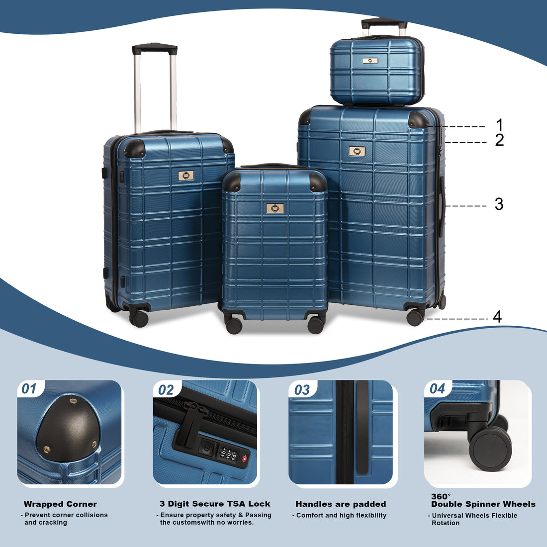 Luggage Sets Abs Pc Hardshell 4Pcs Luggage Hardside Lightweight Durable Suitcase Sets Spinner Wheels Suitcase With Tsa Lock 12 20 24 28 ,Pearl Blue Blue Abs Pc