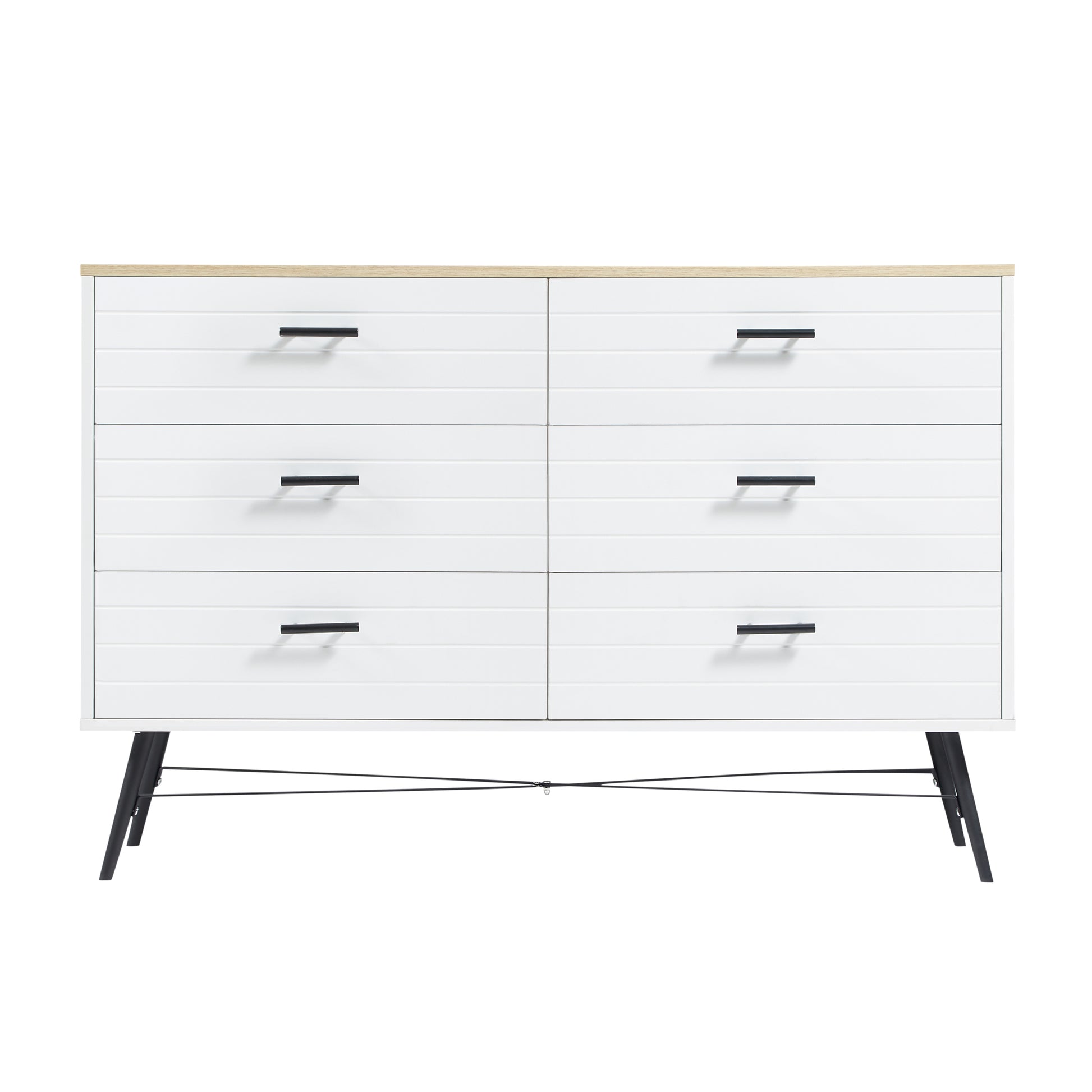 6 Drawer Dresser For Bedroom With Deep Drawers, Wood Dressers & Chest Of Drawers, Modern White Long Dressers For Closet Living Room, 47.2"W X 15.7"D X 31.5"H, White & Oak 5 Or More Drawers White Light Oak Brown Bedroom Rustic,Vintage Particle Board