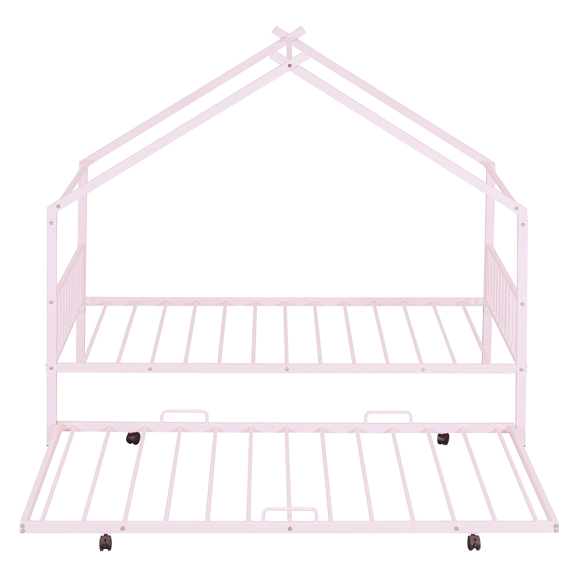Twin Size Metal House Bed With Twin Size Trundle, Pink Twin Pink Metal