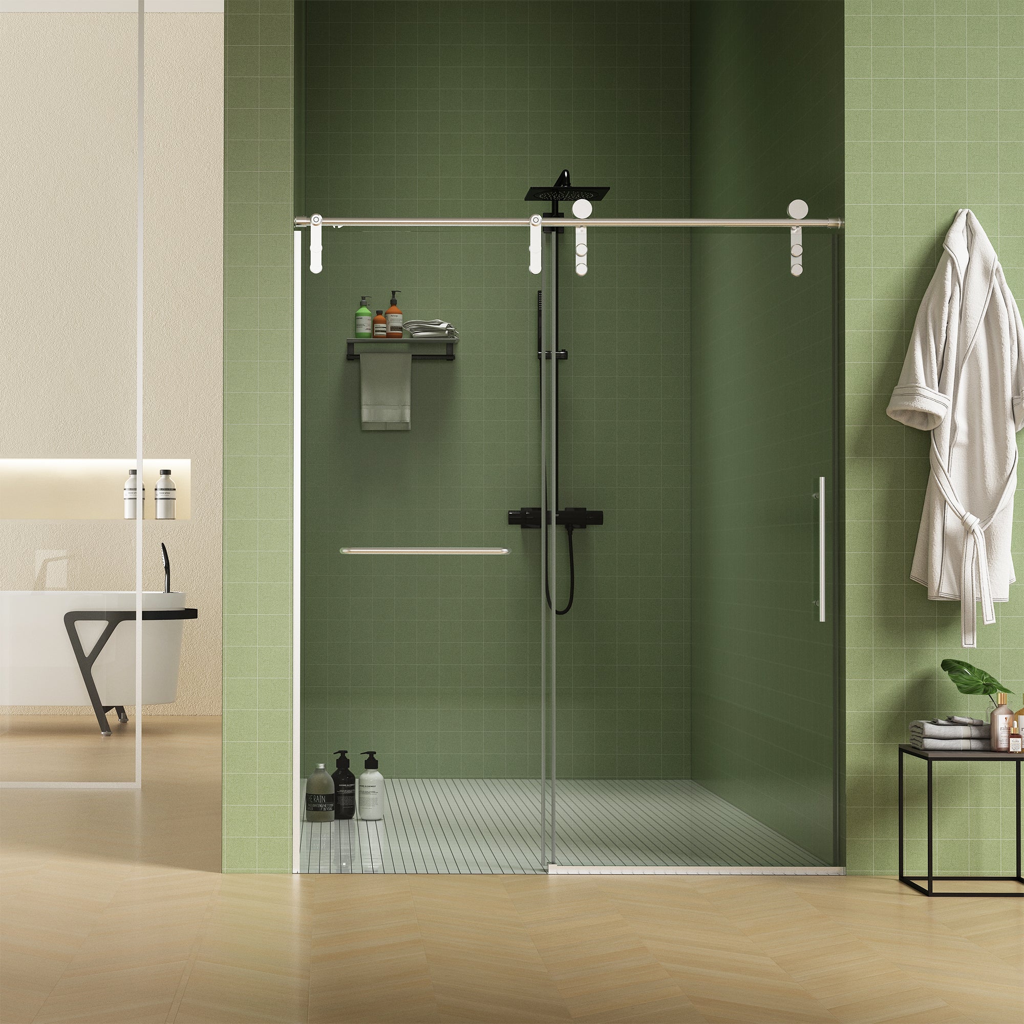 56" 60"W X 70"H Frameless , Sliding , Premium 5 16" 8Mm Thick Tempered Glass Shower Enclosure With Towel Bar ,Double Side Easy Clean Coat,Brushed Nickel Finished With Buffer Brushed Nickel Bathroom American Design Stainless Steel