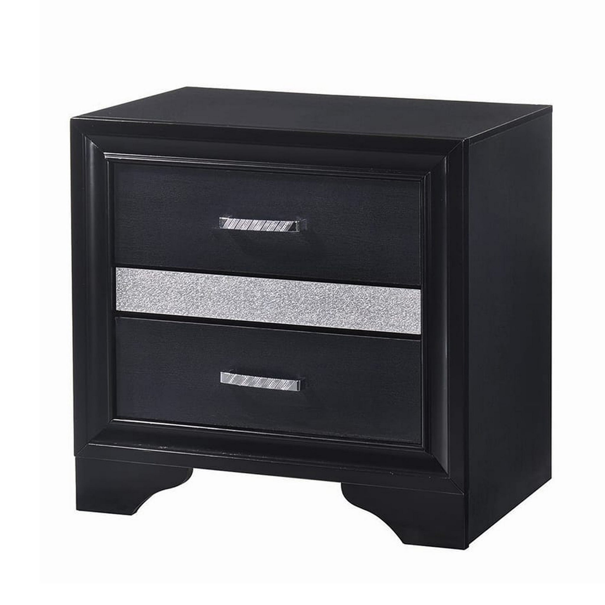 Nightstand With 2 Drawers And Rhinestone Pull Handles, Black And Silver Black And Silver Wood