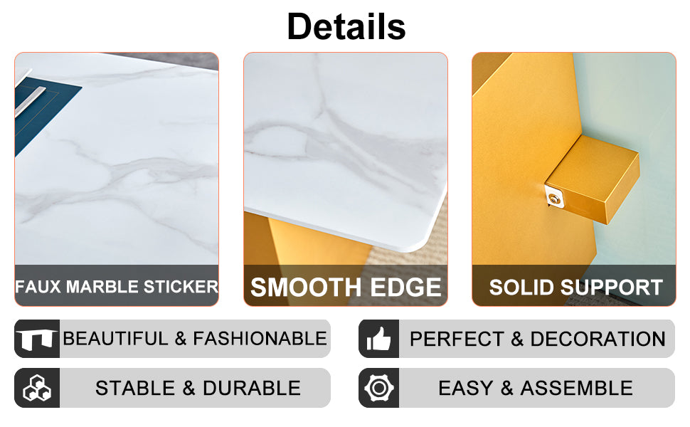 Large Modern Rectangular Table With 0.4 Inch Patterned Tabletop And Large Mdf Table Legs, Suitable For Kitchen, Dining Room, And Living Room 71 "* 35.4" * 30 " 1546 Gold Mdf Glass