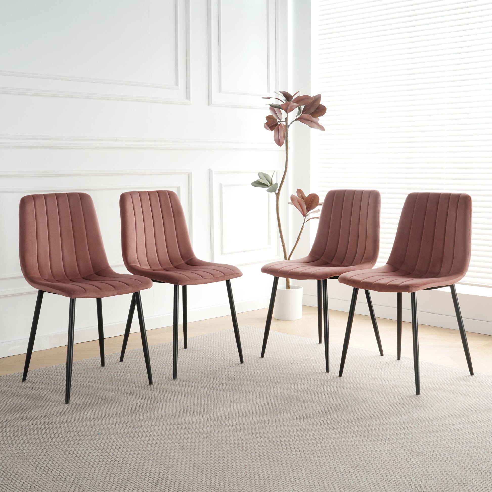 Interior Pink Velvet Dining Chair, Modern Kitchen Dining Chair With Cushion Back, Upholstered Side Chair With Black Coated Metal Legs, Family Kitchen Dining And Living Room Set Of 4 Metal Pink