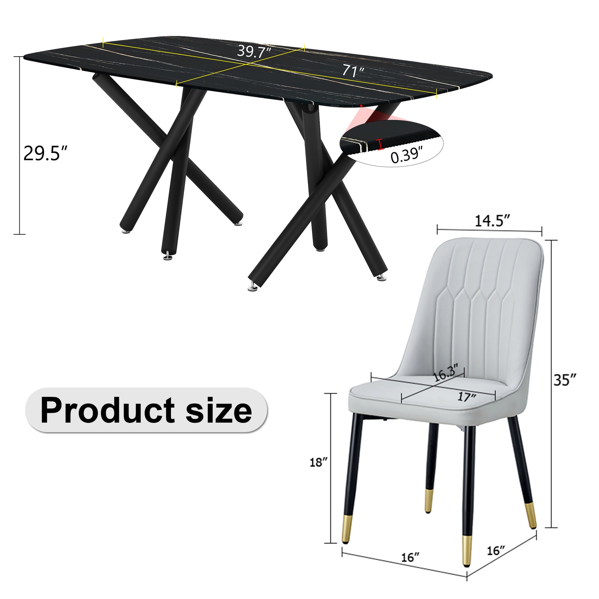 1 Table And 8 Chairs Set.A Rectangular Dining Table With A Imitation Marble Black Table Top And Black Metal Legs.Paired With 8 Chairs With Pu Leather Seat Cushion And Black Metal Legs.F 1538,C 007 Black Glass Metal