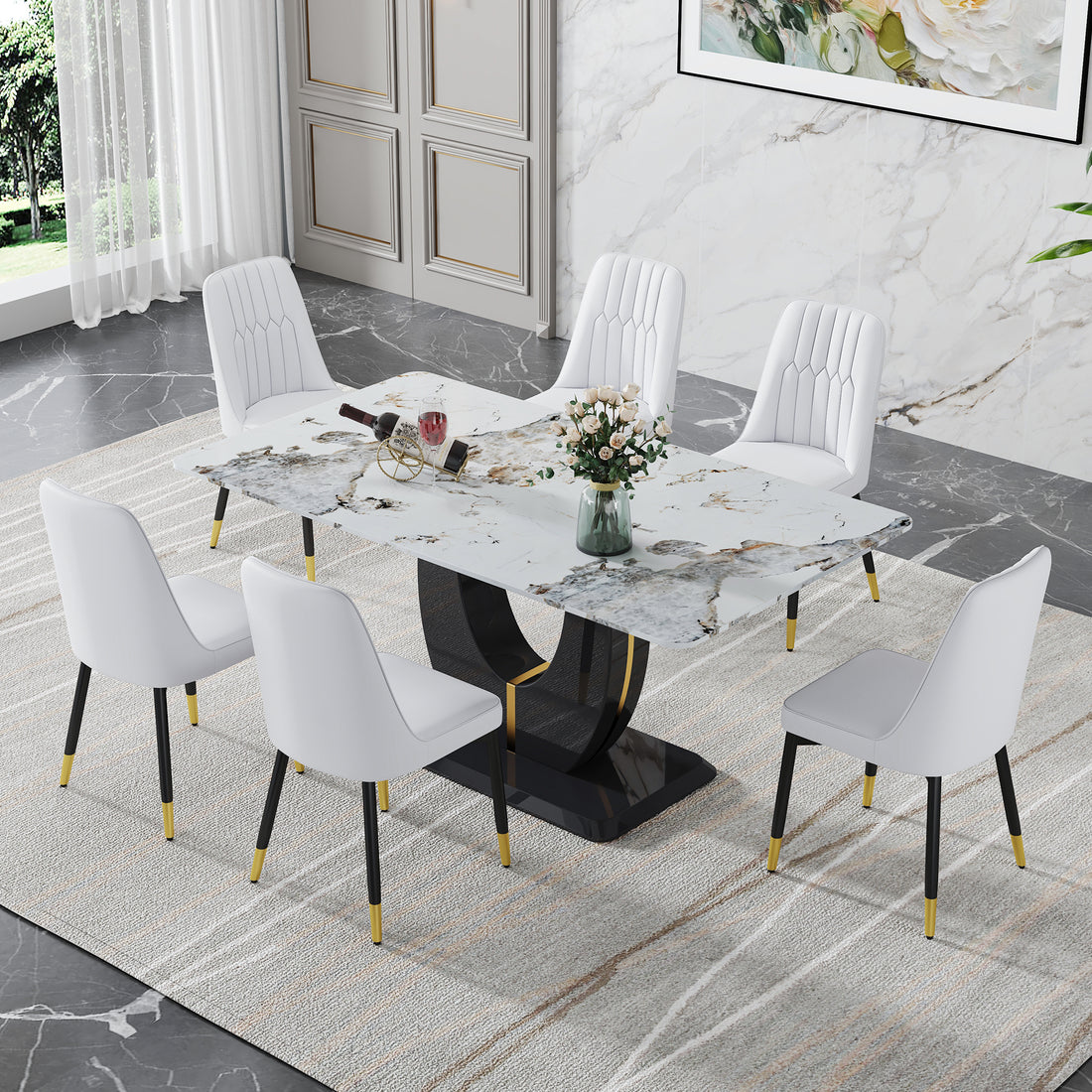 Table And Chair Set, Modern Dining Table, Patterned Table Top And Black Mdf Leg Table, Soft And Comfortable Dining Chair, Perfect For Dinner, Meetings, Home And Office Decor White Black Mdf Glass