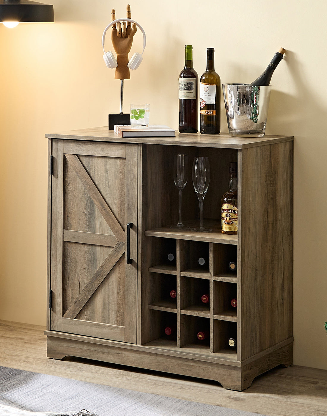 Wine Bar Cabinet For Liquor And Glasses, Farmhouse Coffee Bar, Cabinet With Wine Rack Barn Door Buffet Sideboard Cabinet With Drawer, Adjustable Storage Shelves, 31.5"*15.75"*31.5"Gray Wash Gray