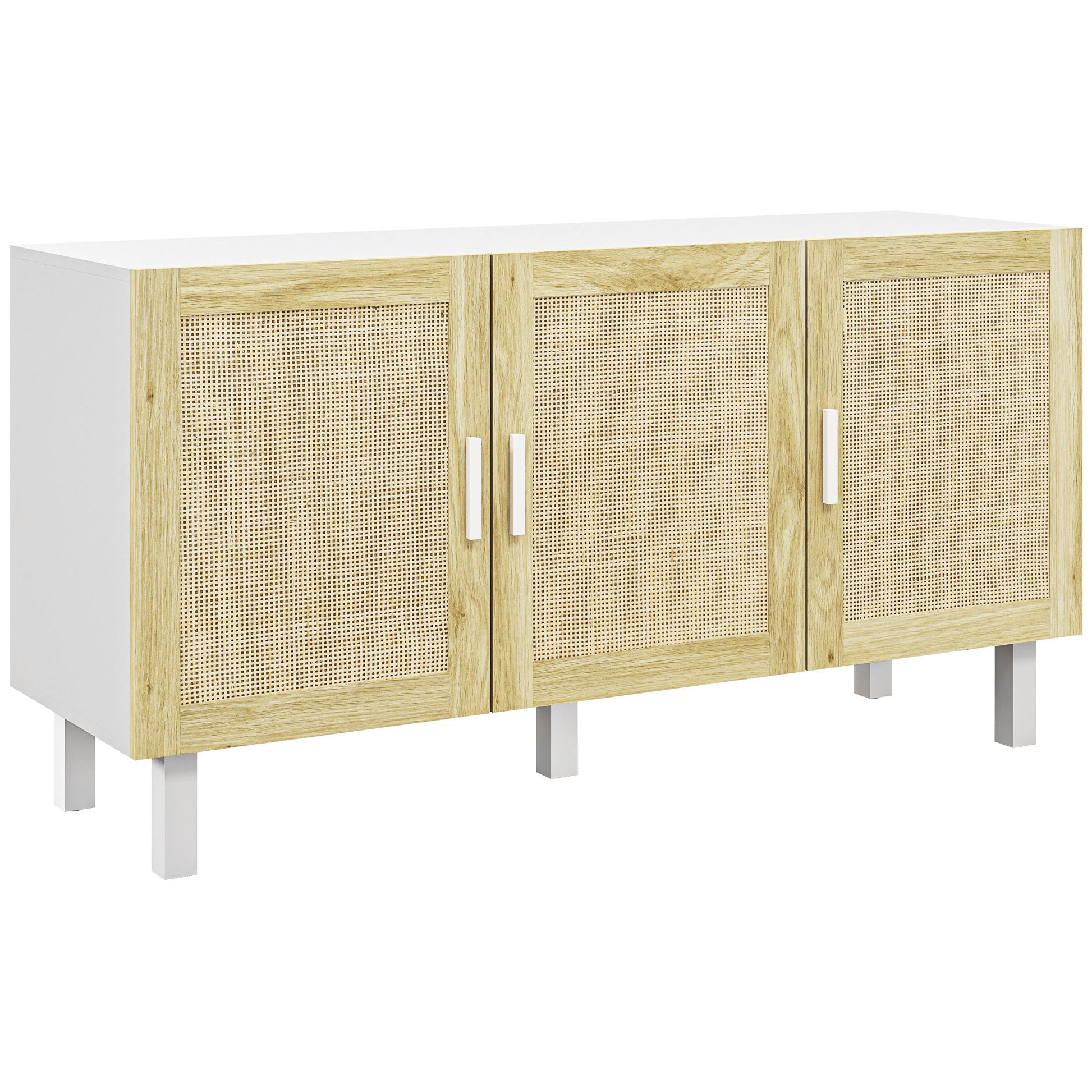 Homcom Sideboard Buffet Cabinet, Kitchen Cabinet, Coffee Bar Cabinet With 3 Rattan Doors And Adjustable Shelves, White And Natural White Natural Particle Board