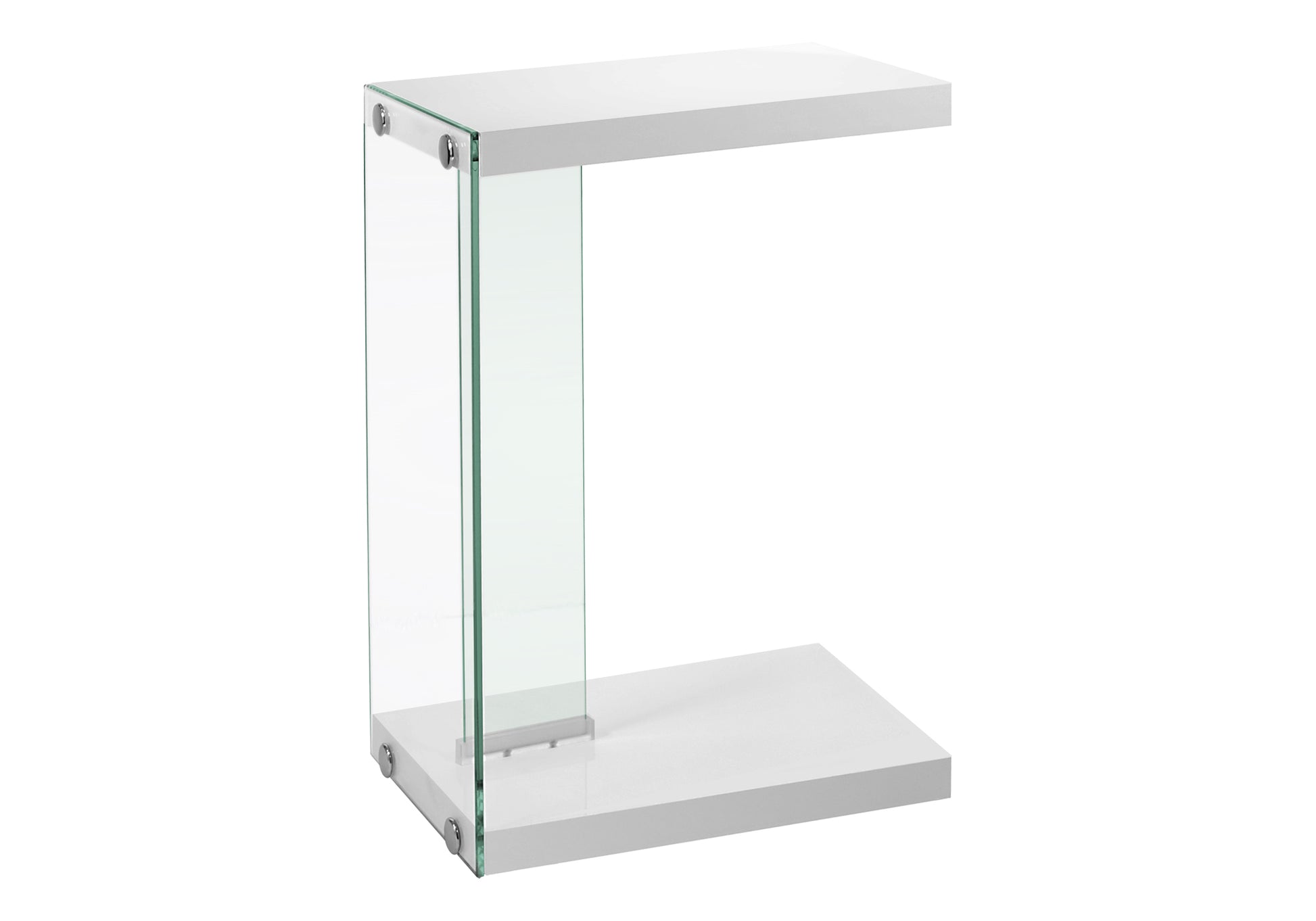 Accent Table, C Shaped, End, Side, Snack, Living Room, Bedroom, Glossy White Laminate, Clear Tempered Glass, Contemporary, Modern White Particle Board