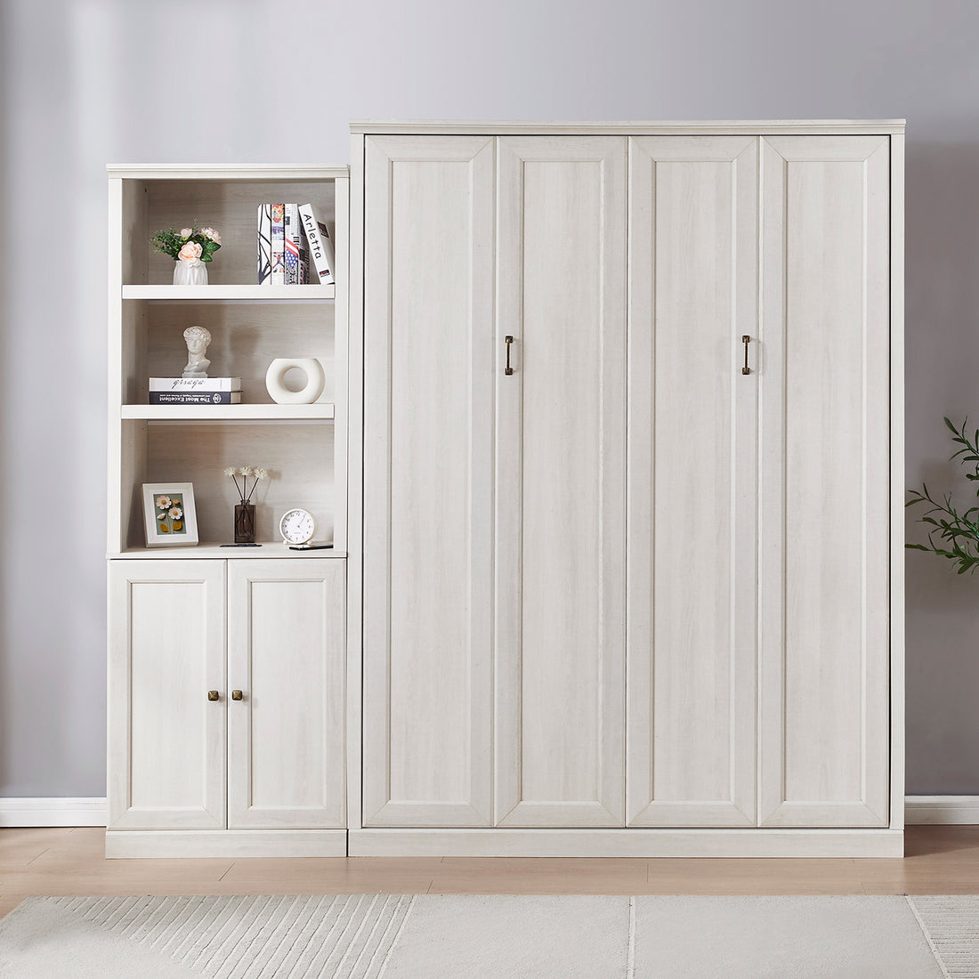 Queen Size Half Self Close And Open Murphy Bed With 1 Side Cabinet Storage Shelf, Cabinet Space Saving Bed Perfect For Guest Room, Bed Room, Guest Room, Home Office, Rustic White Box Spring Not Required Queen Rustic White Wood White Pine Murphy Solid