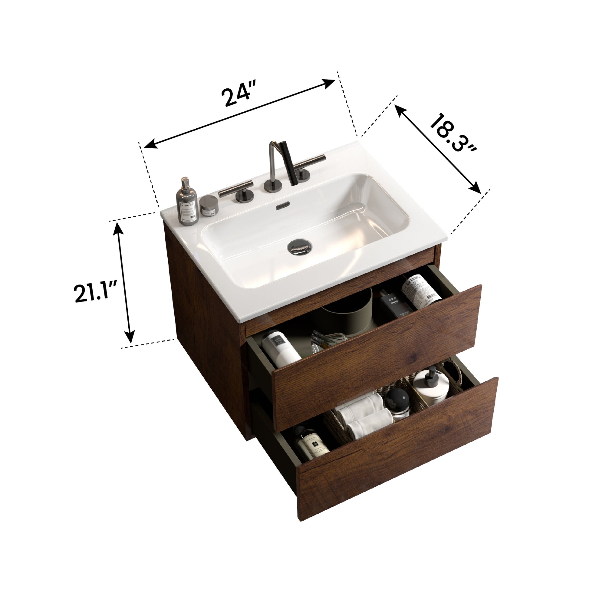 Wall Mount 24" Walnut Bathroom Vanity With Ceramic Sink With Three Faucet Holes, Large Storage Floating Bathroom Vanity For Modern Bathroom, One Piece Sink Basin Without Drain, Pre Assembled Walnut Bathroom Modern Ceramic Mdf