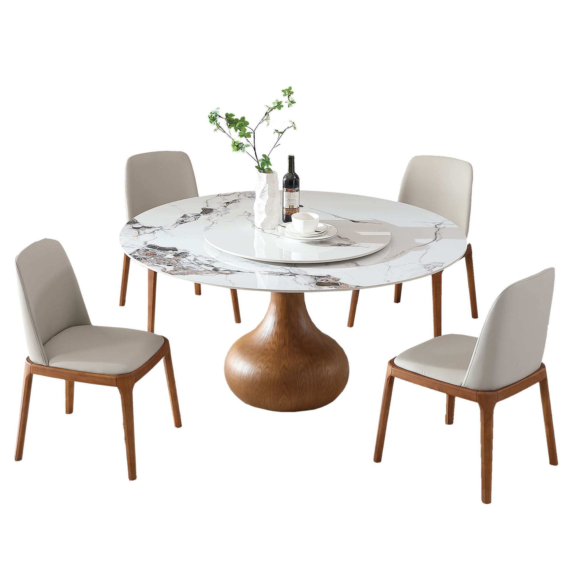 Modern Marble Dining Table, 59" Round Sintered Stone Table For Dining Room, Kitchen, Dinette, Compact Space With Lazy Susan 4 Chairs Walnut,White Dining Room American Design,Luxury,Modern Oak Round