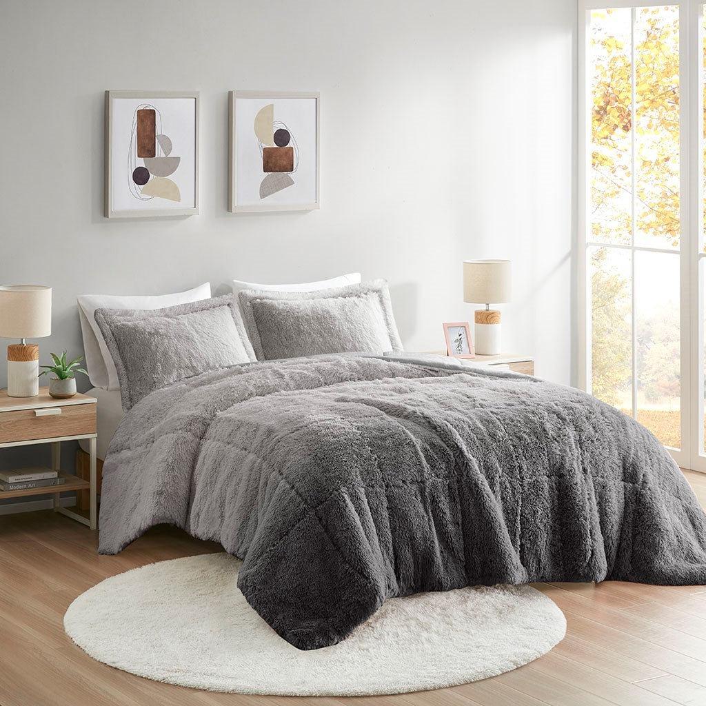 Ombre Shaggy Long Fur Comforter Mini Set Queen Grey Polyester