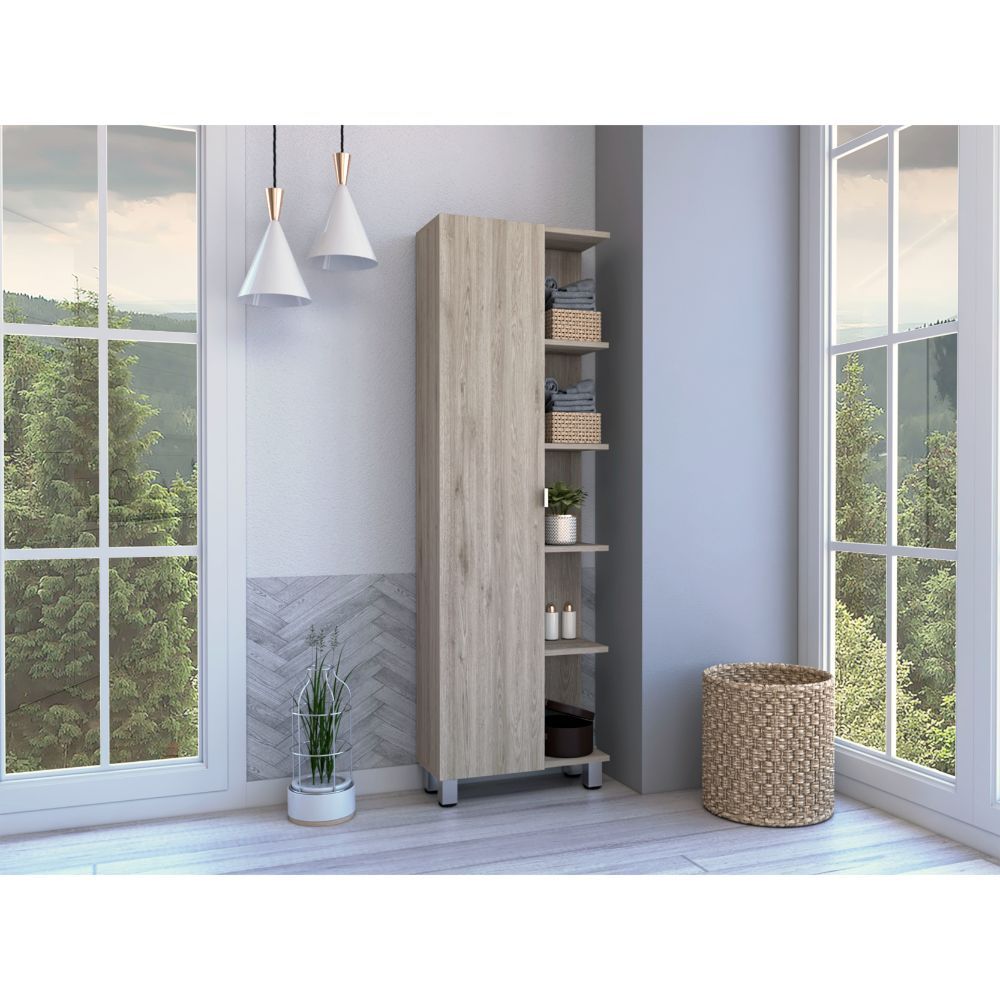 Los Angeles Corner Cabinet, Five Shelves, One Cabinet, Divisions Beige 1 5 18 To 23 In 60 In & Above Bathroom Freestanding Contemporary 5 10 Inches Melamine Particle Board