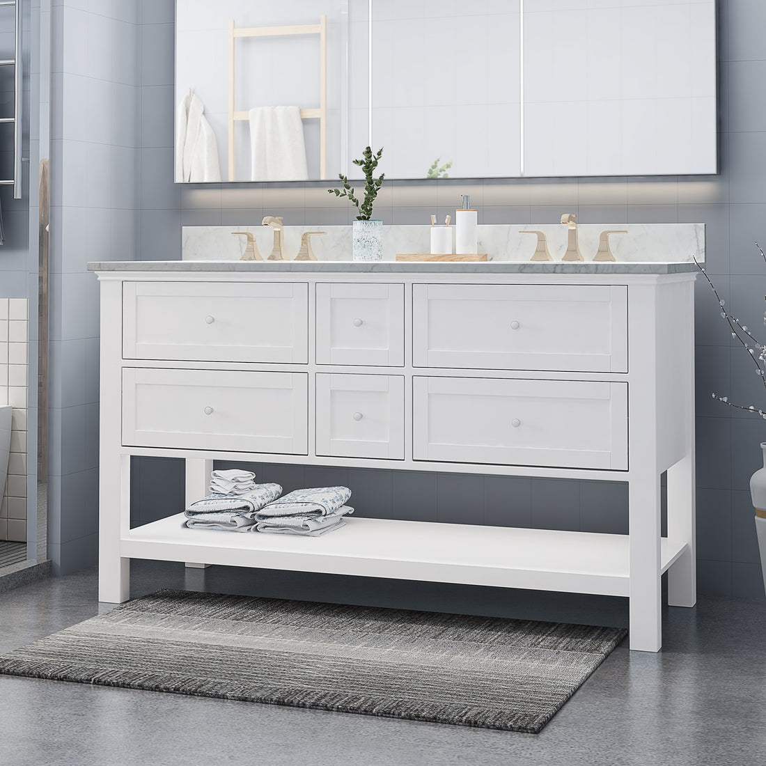 61'' Bathroom Vanity With Marble Top & Double Ceramic Sinks, 4 Drawers, Open Shelf, White White Plywood