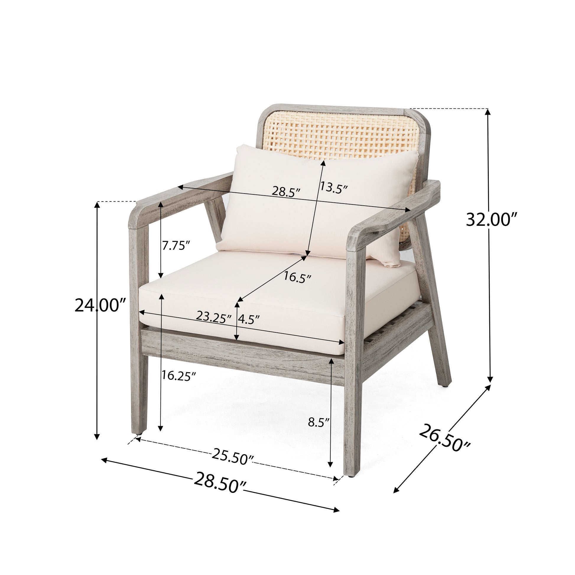 Set Of 2 Outdoor Acacia Wood Patio Club Chair, Patio Furniture,Waterproof Thick Cushion Deep Seating For Porch, Garden, Backyard, Balcony, Weight Capacity 400Lbs, Light Gray Finish, Cream Cushion Yes Deep Seating Light Gray Garden & Outdoor Foam Acacia