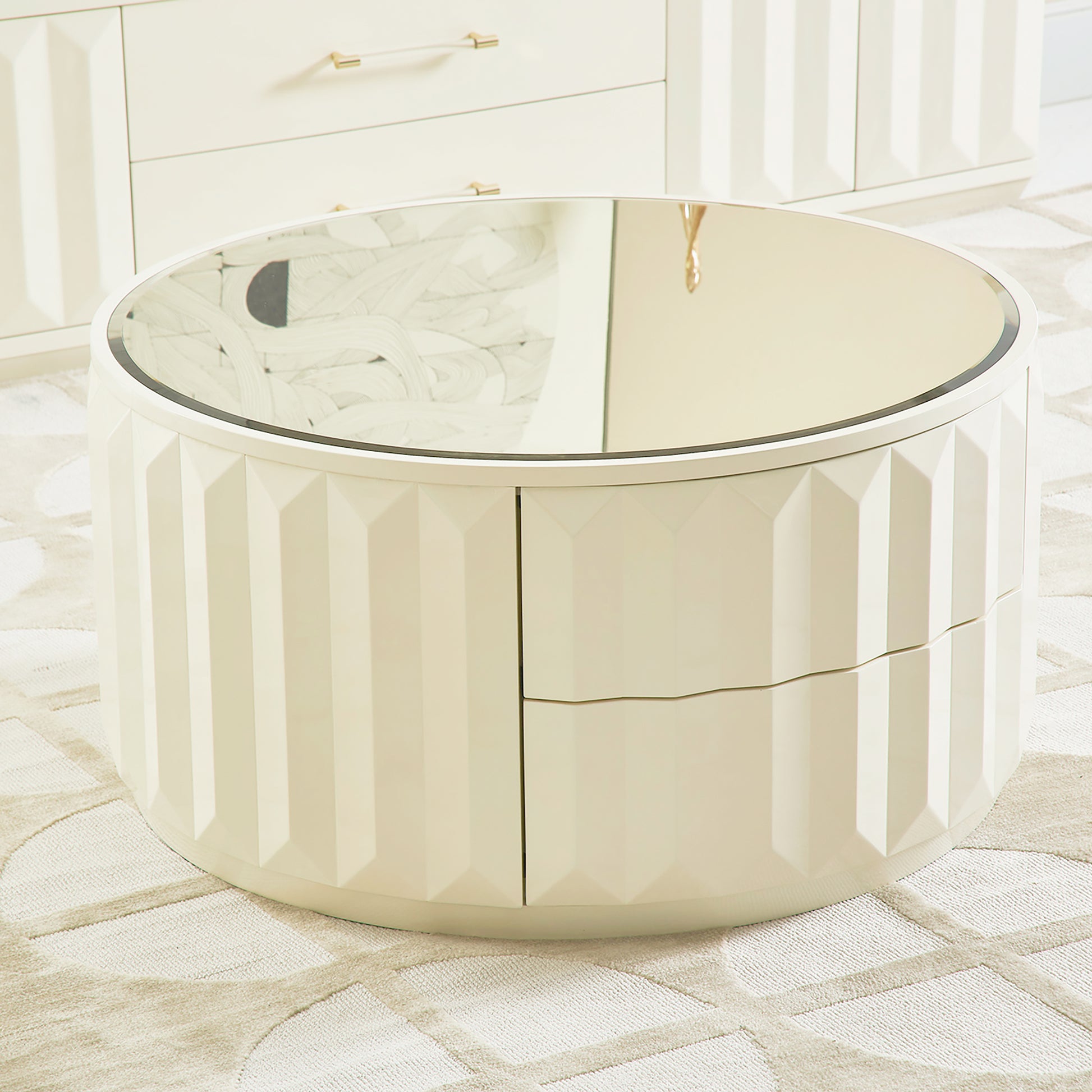 Facino 35.5" Round Storage Coffee Table, White Lacquer Birchwood White Solid Wood Mdf Solid Wood Mdf