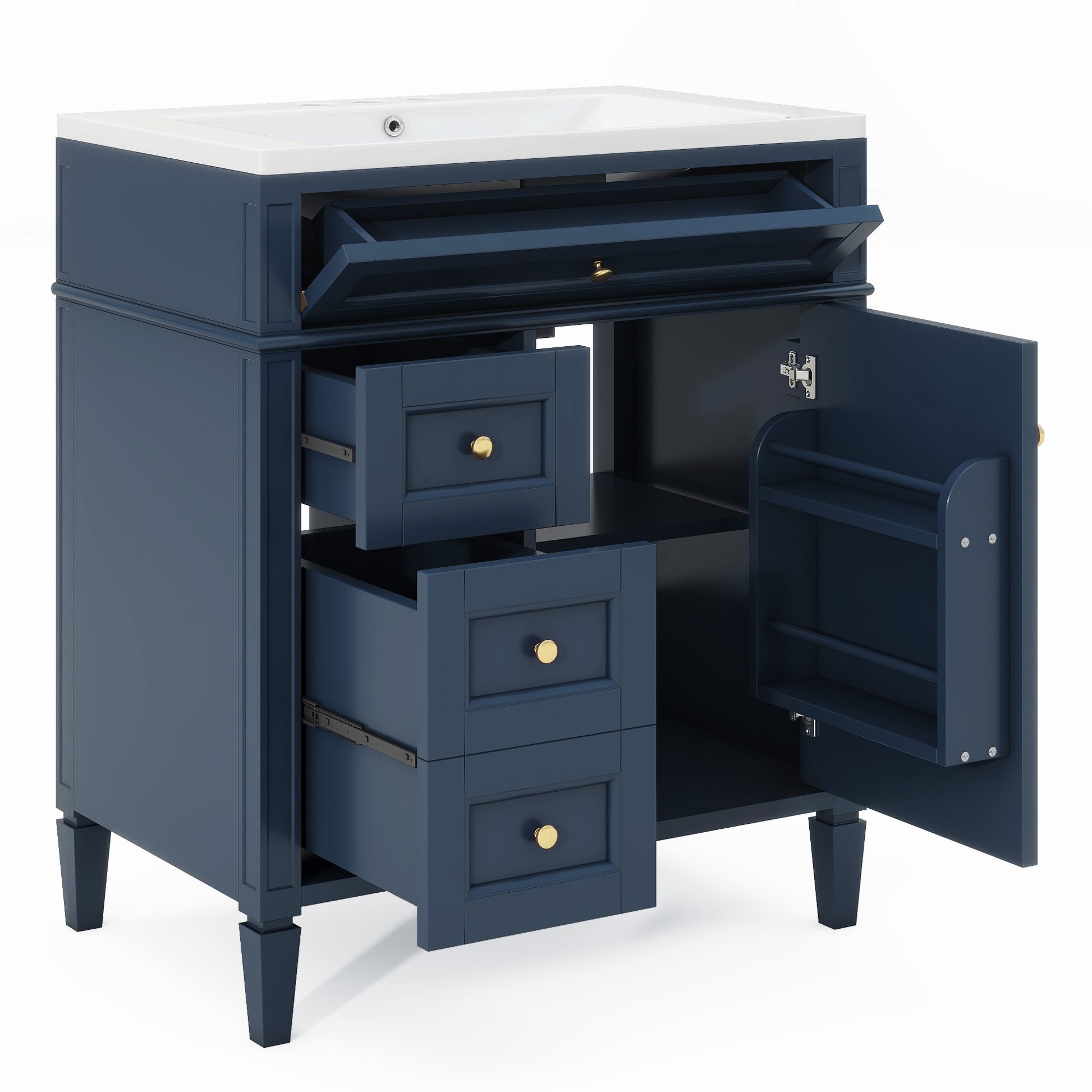 30'' Bathroom Vanity With Top Sink, Modern Bathroom Storage Cabinet With 2 Drawers And A Tip Out Drawer, Single Sink Bathroom Vanity 3 Blue 1 Soft Close Doors Bathroom Freestanding Mdf Painted