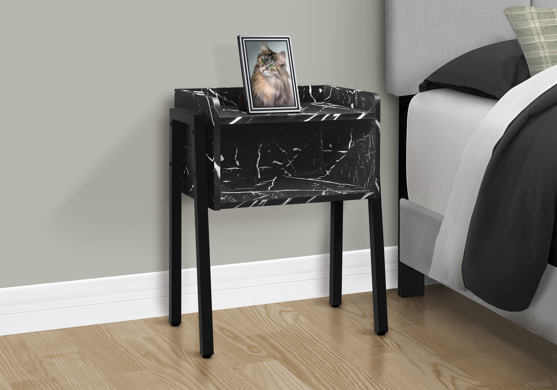 Accent Table, Side, End, Nightstand, Lamp, Living Room, Bedroom, Black Marble Look Laminate, Black Metal, Contemporary, Modern Black Metal