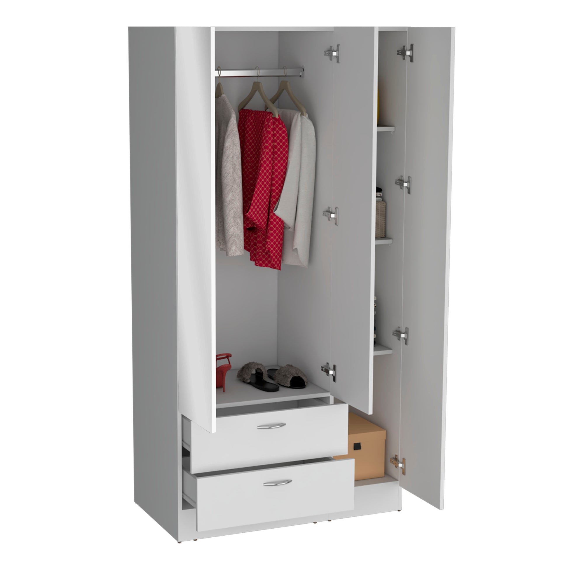 Riverside 3 Door Mirrored Armoire With Two Drawers, Four Shelves, And Hanging Rod White White Bedroom Particle Board