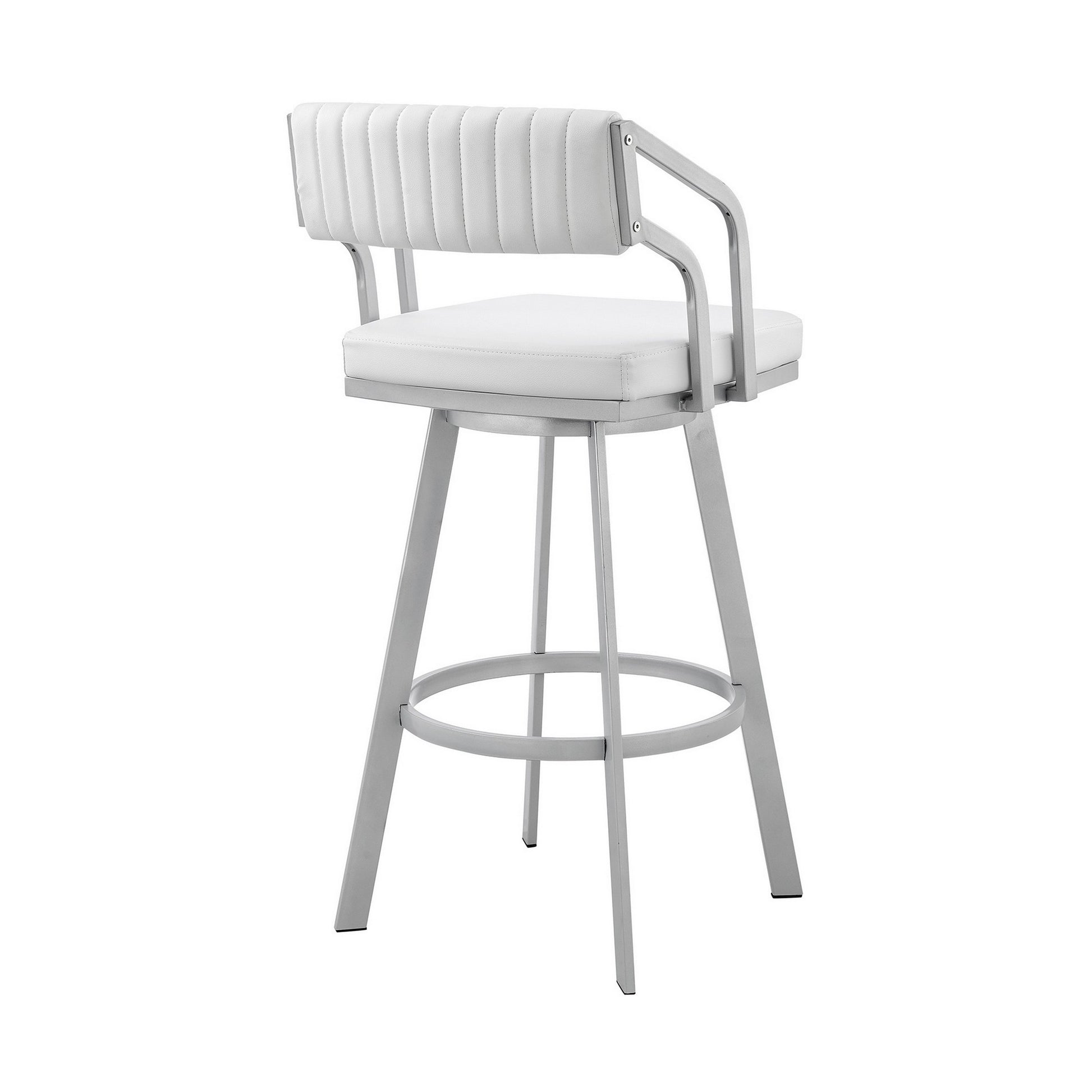 Lyla 26 Inch Counter Height Stool, Swivel, Faux Leather, White, Silver White Metal