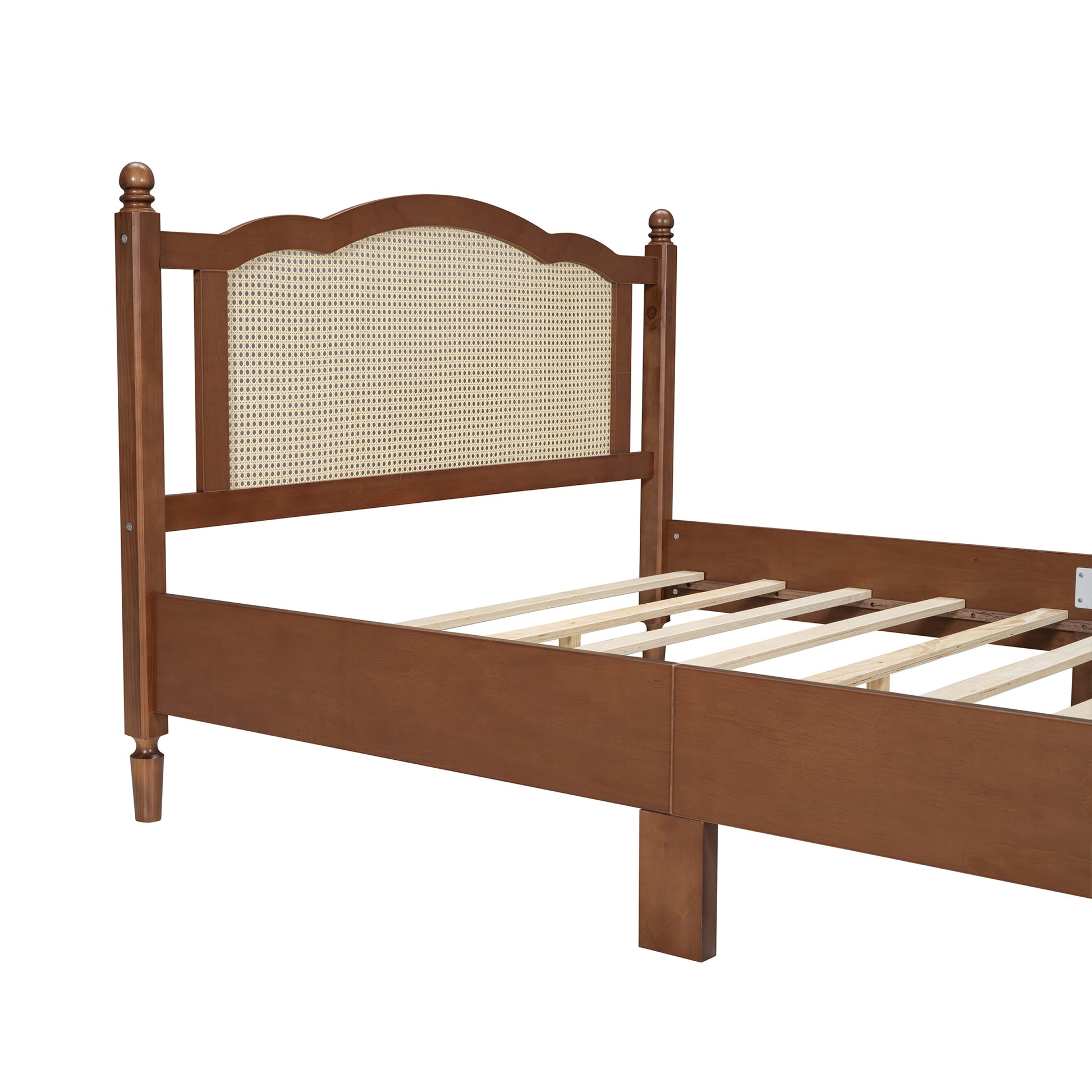 Queen Size Wooden Platform Bed With Natural Rattan Headboard, Vintage Bed Frame With Wooden Slat Support, Walnut Box Spring Not Required Queen Walnut Wood