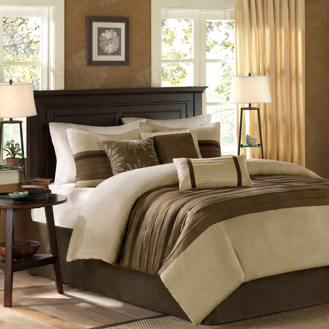 7 Pc Pieced Faux Suede Comforter Set Natural Cal King California King Natural Polyester