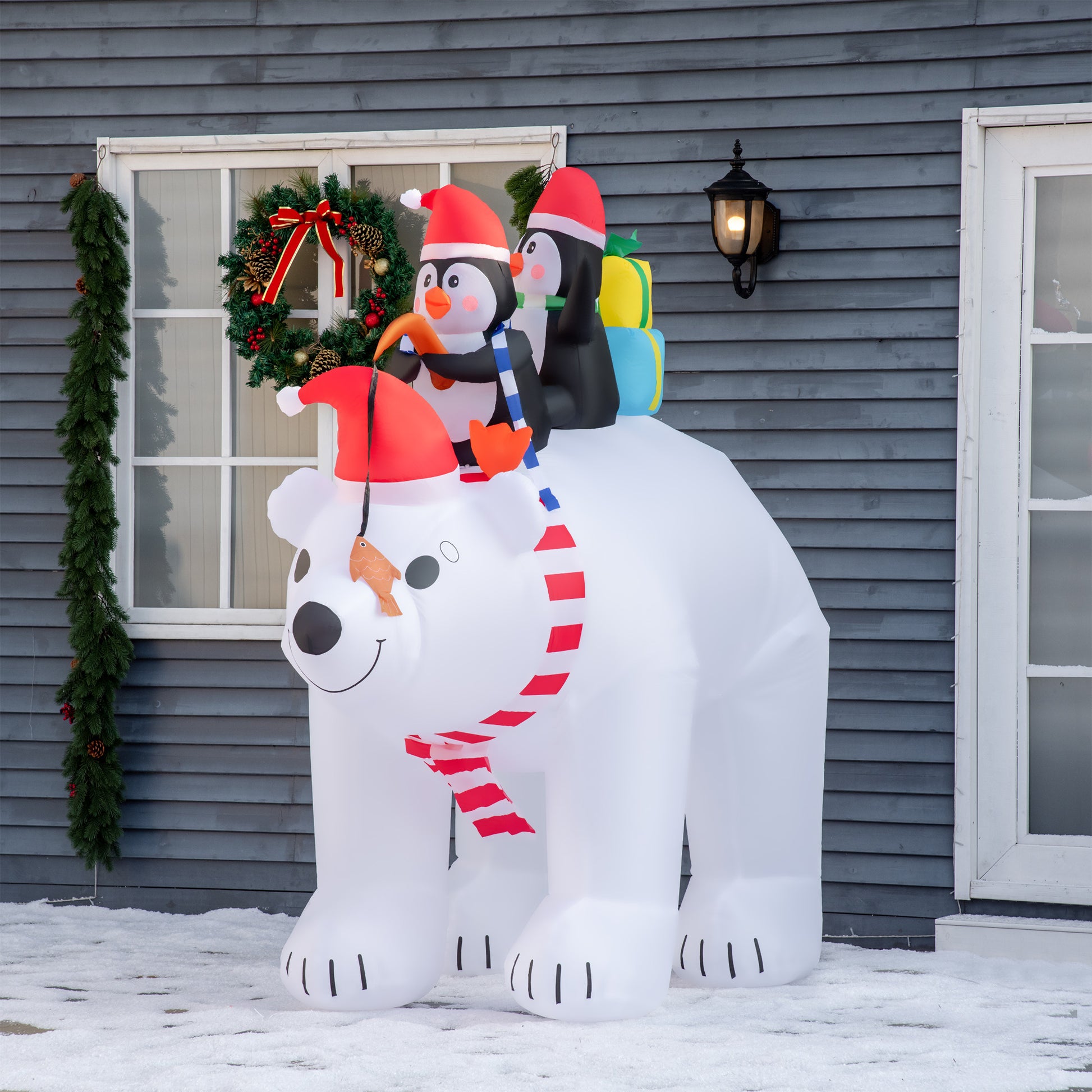 Homcom 7 Ft Polar Bear And Penguins Christmas Inflatable, Led Lighted Outdoor Holiday Blow Up Yard Decoration White Polyester